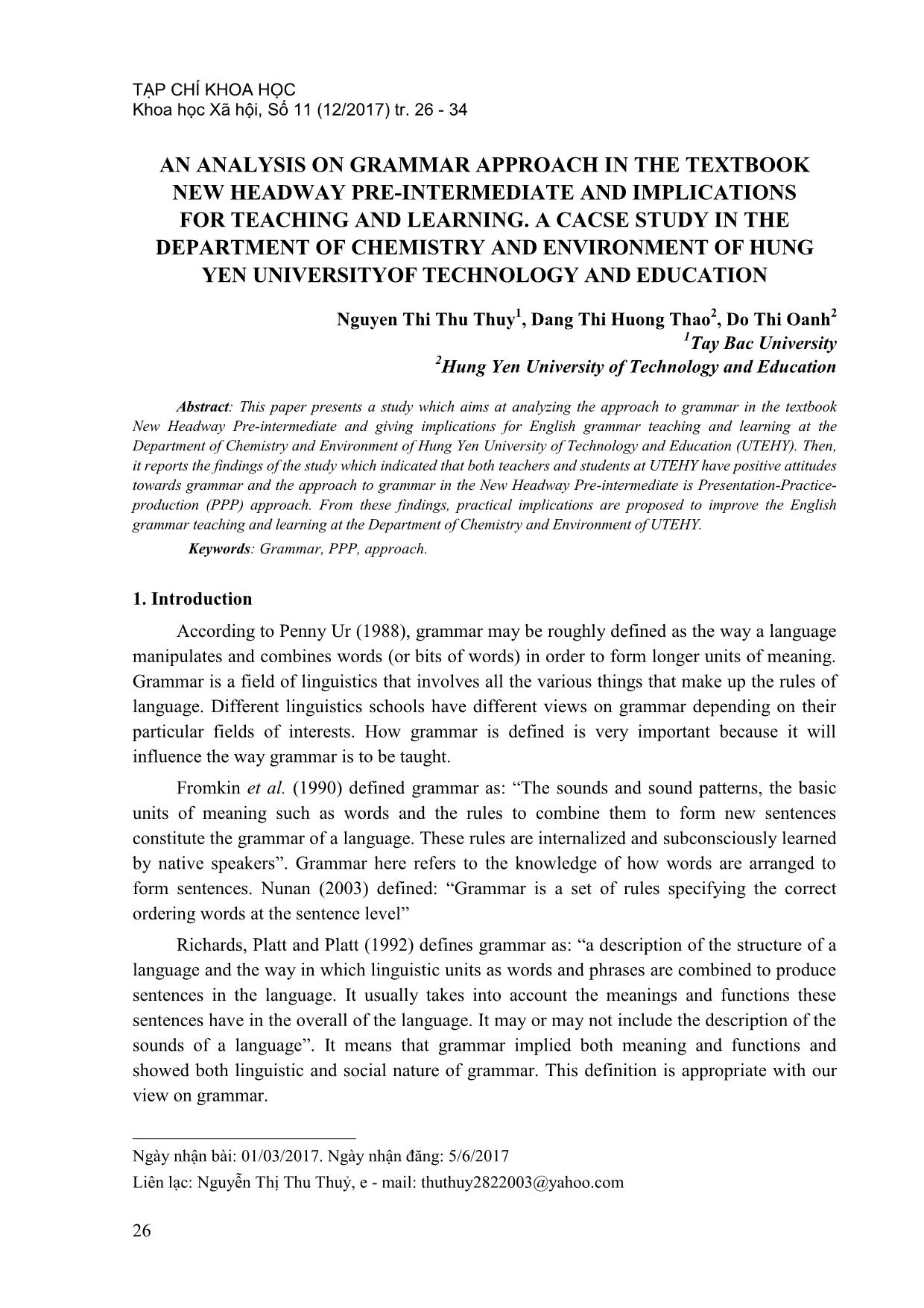 An analysis on grammar approach in the textbook new headway pre-Intermediate and implications for teaching and learning. A cacse study in the department of chemistry and environment of Hung Yen universityof technology and education trang 1