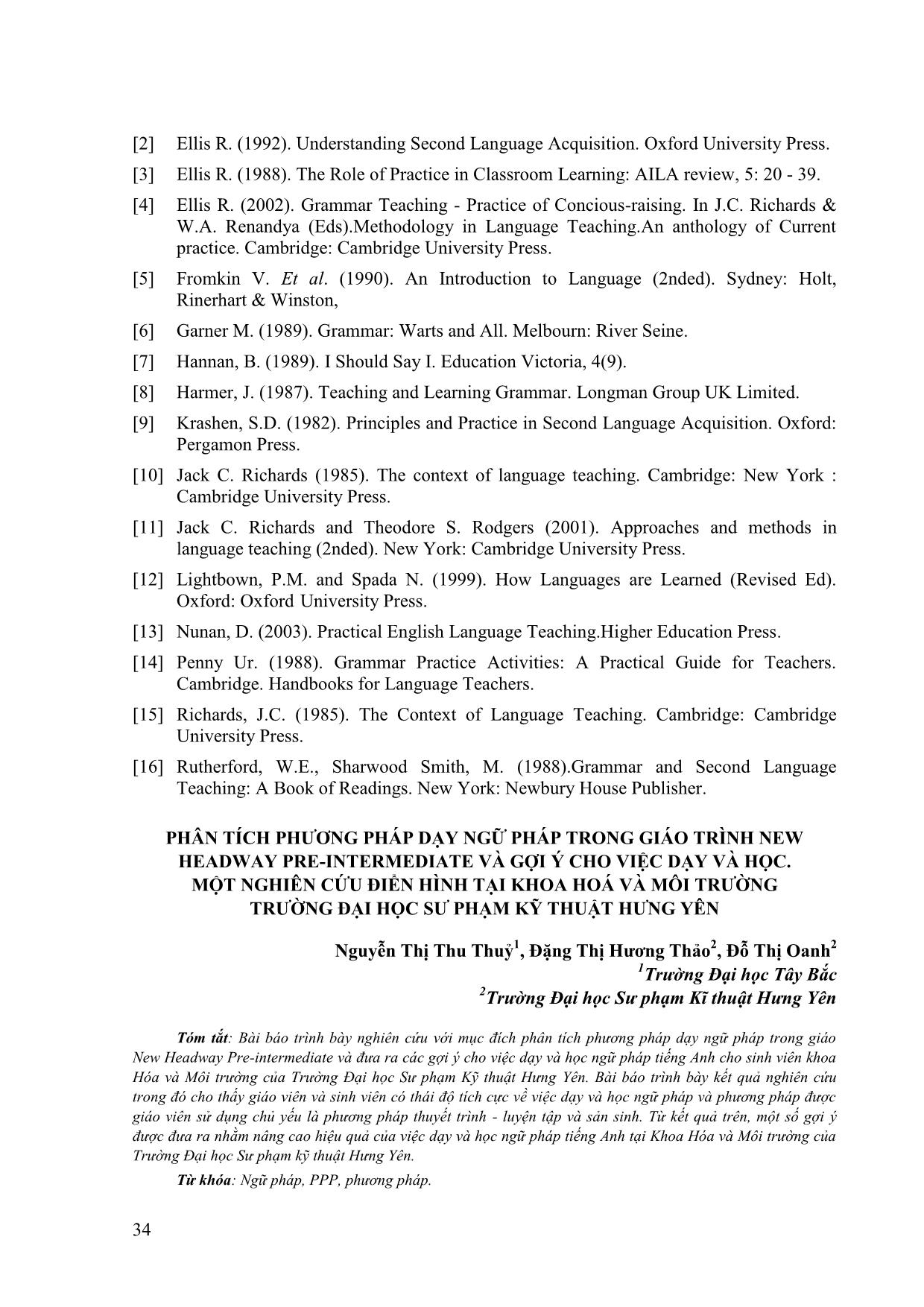 An analysis on grammar approach in the textbook new headway pre-Intermediate and implications for teaching and learning. A cacse study in the department of chemistry and environment of Hung Yen universityof technology and education trang 9