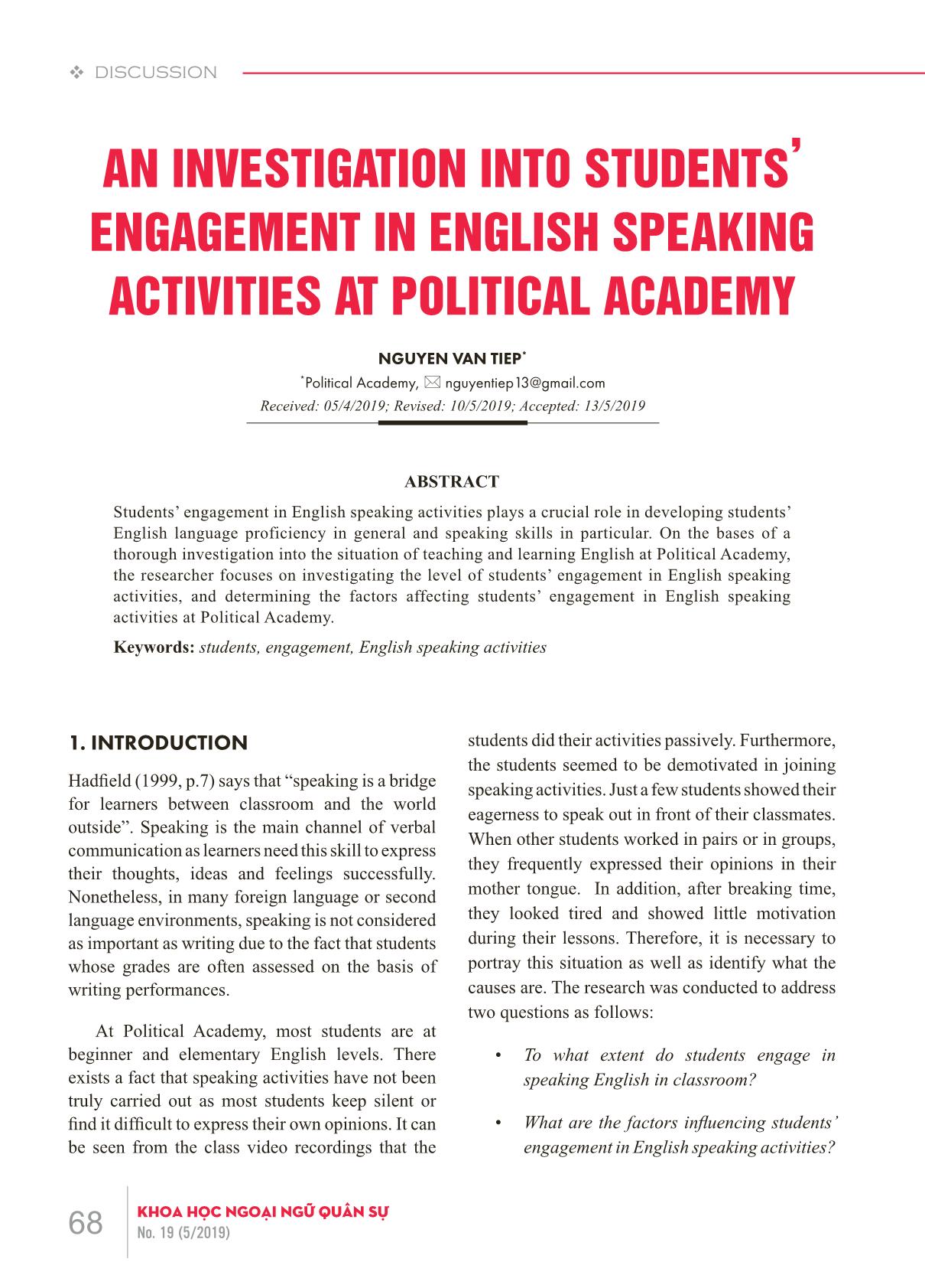 An investigation into students’ engagement in English speaking activities at political academy trang 1