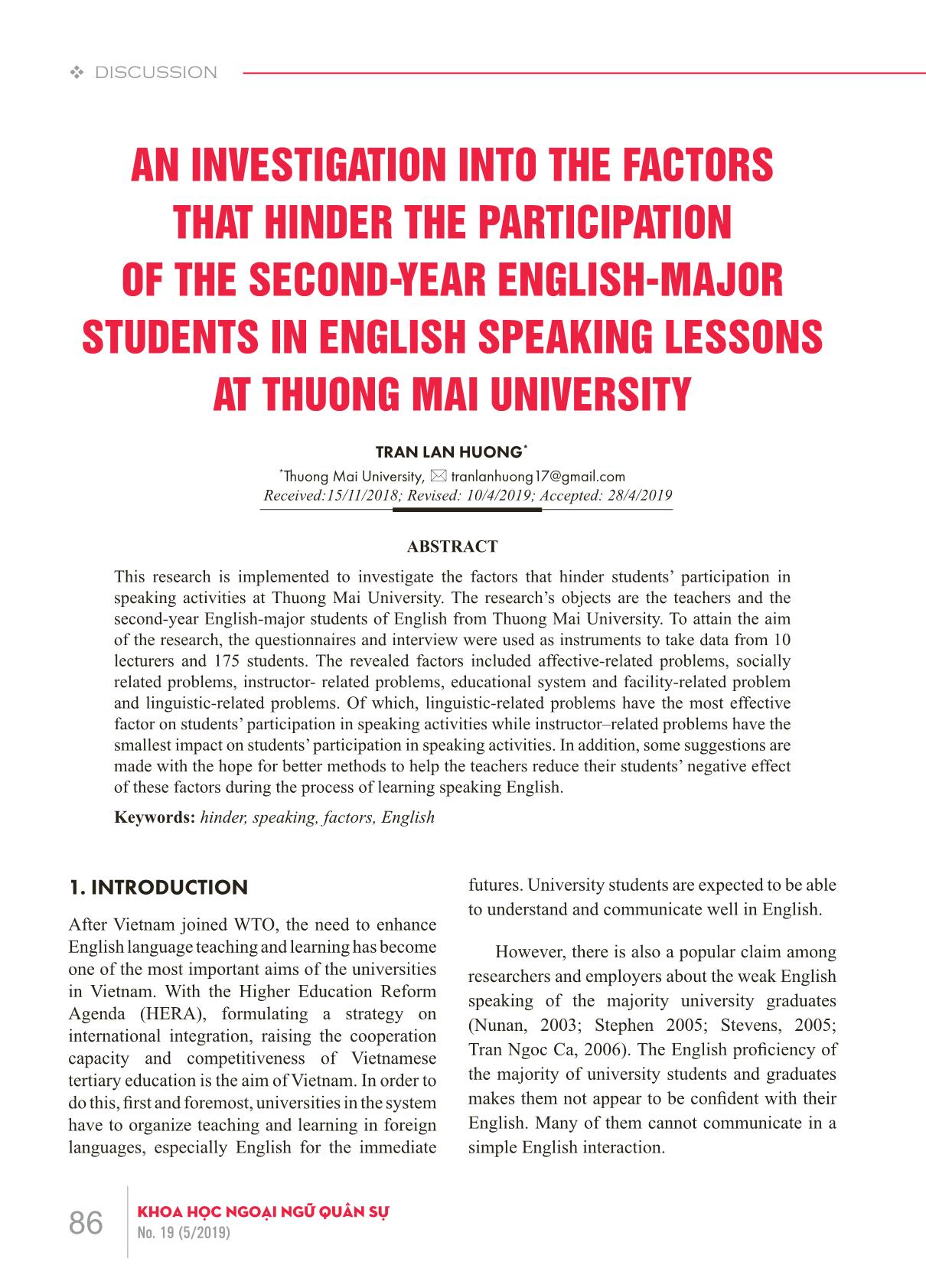 An investigation into the factors that hinder the participation of the second-year English-major students in English speaking lessons at Thuong Mai University trang 1