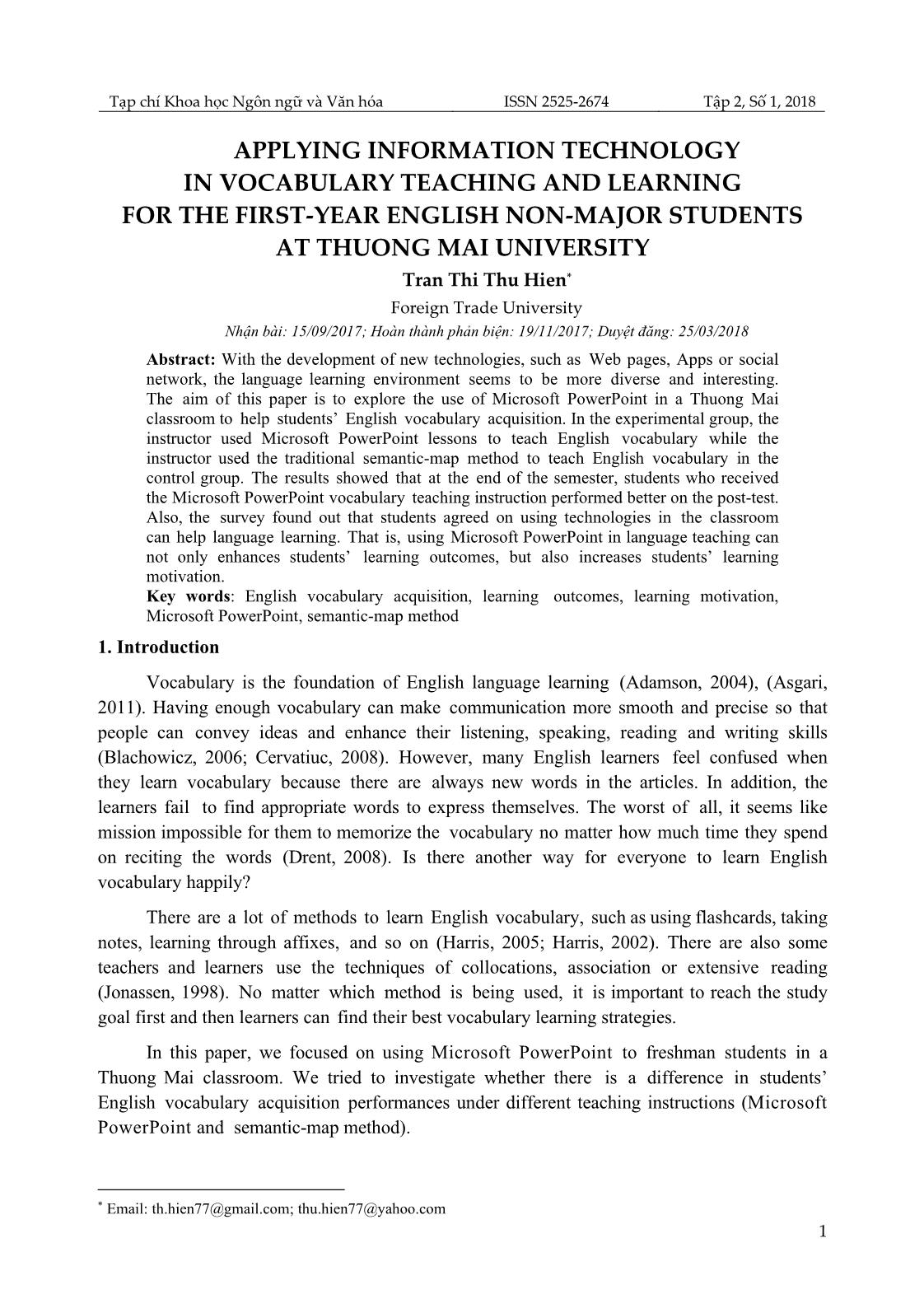 Applying information technology in vocabulary teaching and learning for the first-year English non-major students at Thuong Mai University trang 1