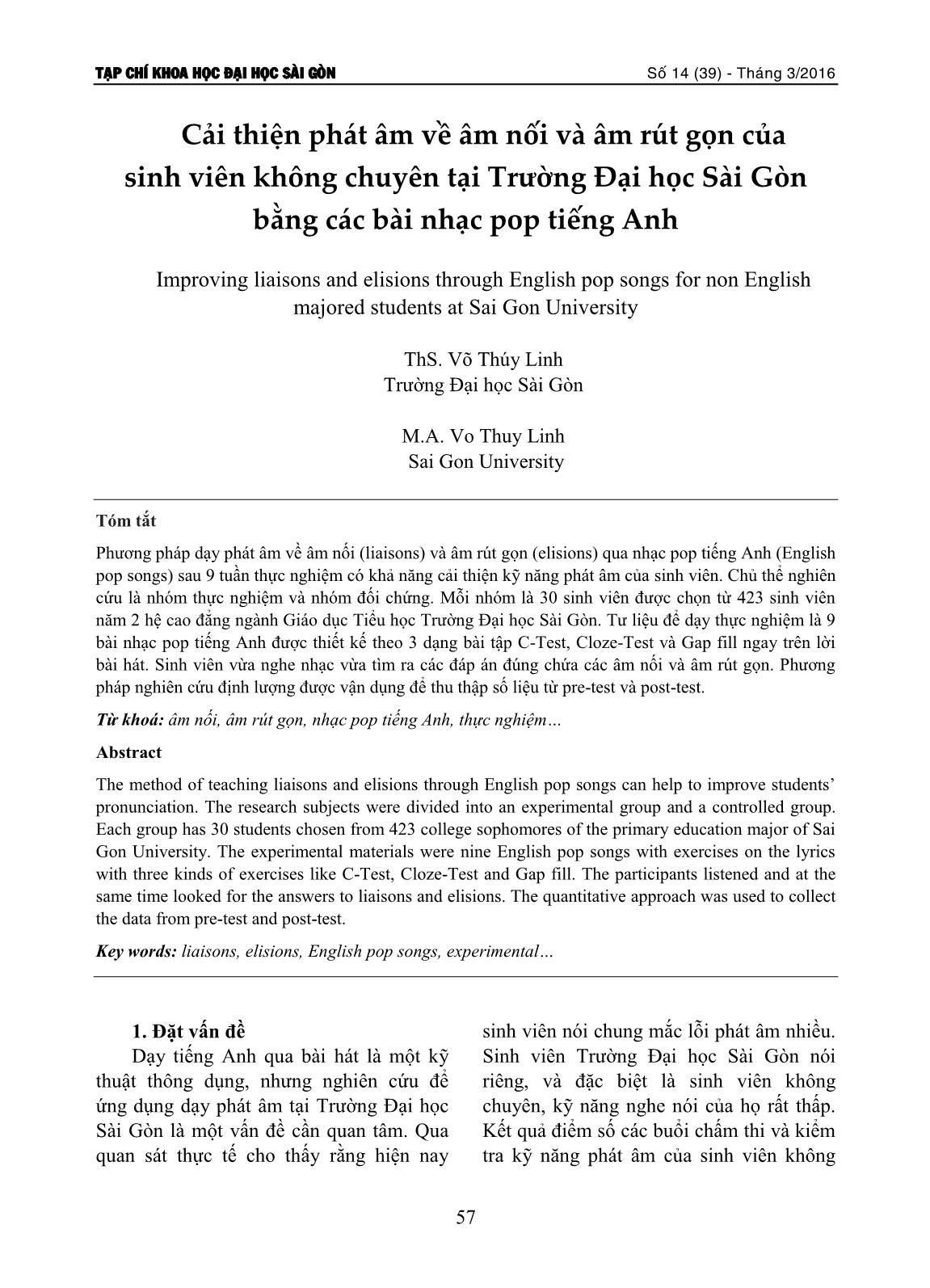 Cải thiện phát âm về âm nối và âm rút gọn của sinh viên không chuyên tại Trường Đại học Sài Gòn bằng các bài nhạc pop tiếng Anh trang 1