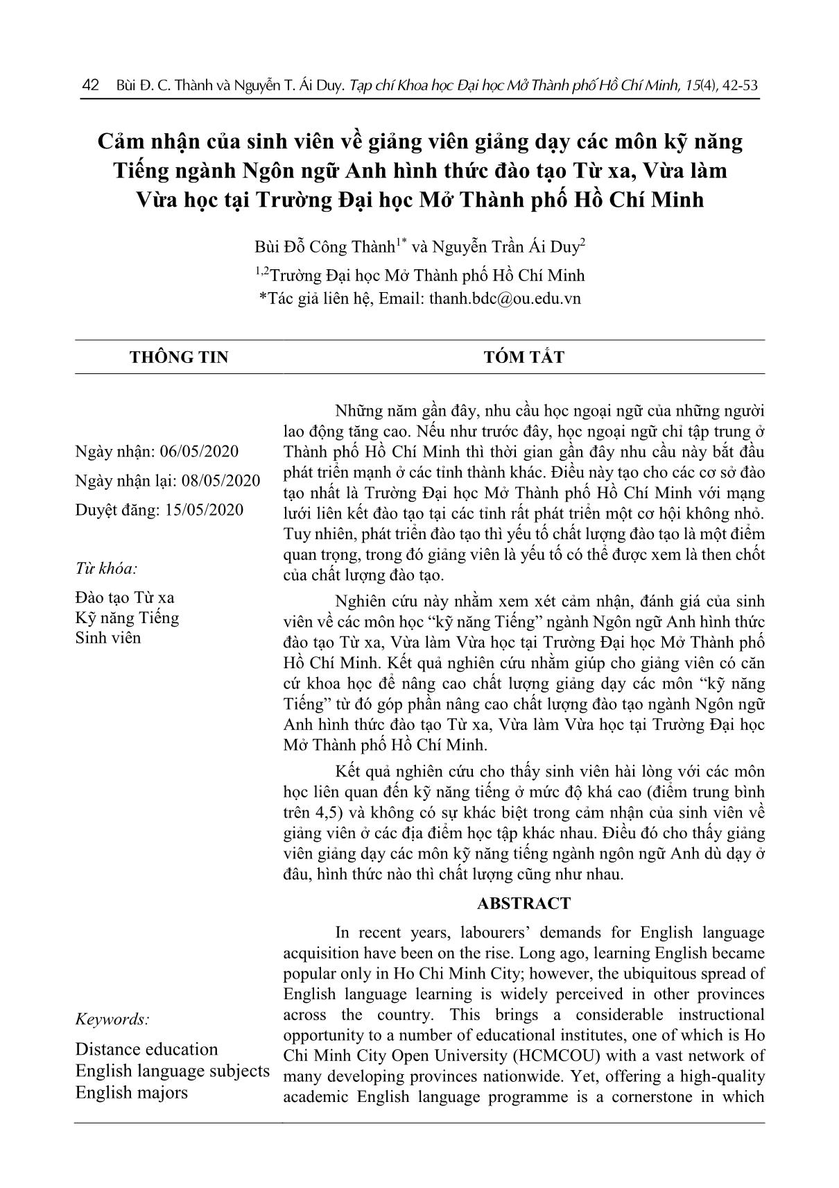 Cảm nhận của sinh viên về giảng viên giảng dạy các môn kỹ năng Tiếng ngành Ngôn ngữ Anh hình thức đào tạo Từ xa, Vừa làm Vừa học tại Trường Đại học Mở Thành phố Hồ Chí Minh trang 1