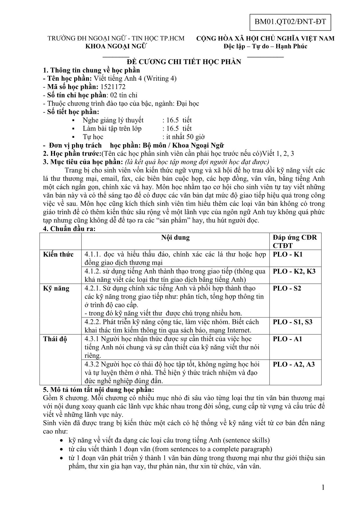 Đề cương chi tiết học phần Viết tiếng Anh 4 (Writing 4) trang 1