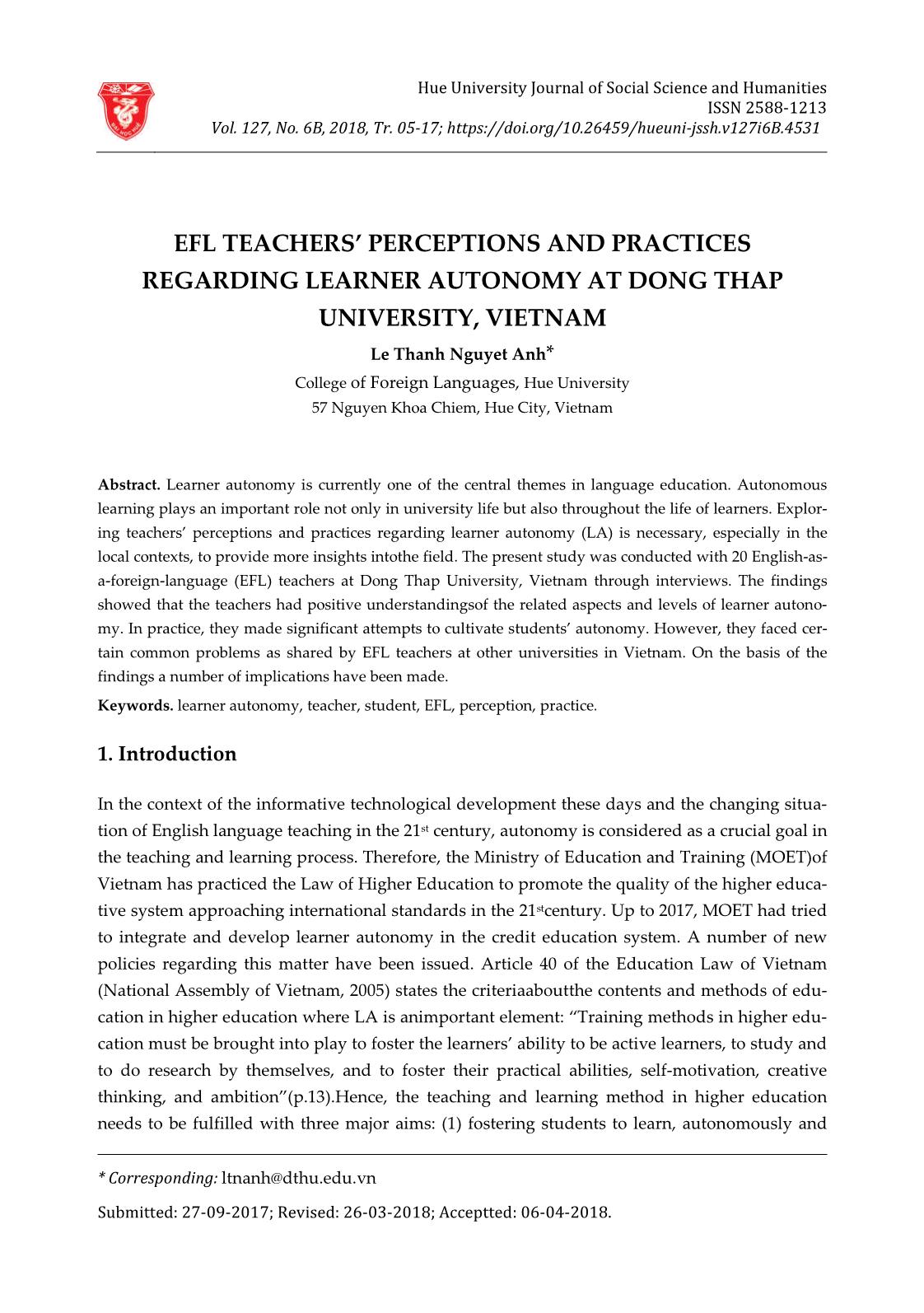 EFL teachers’ perceptions and practices regarding learner autonomy at Dong Thap University, Vietnam trang 1