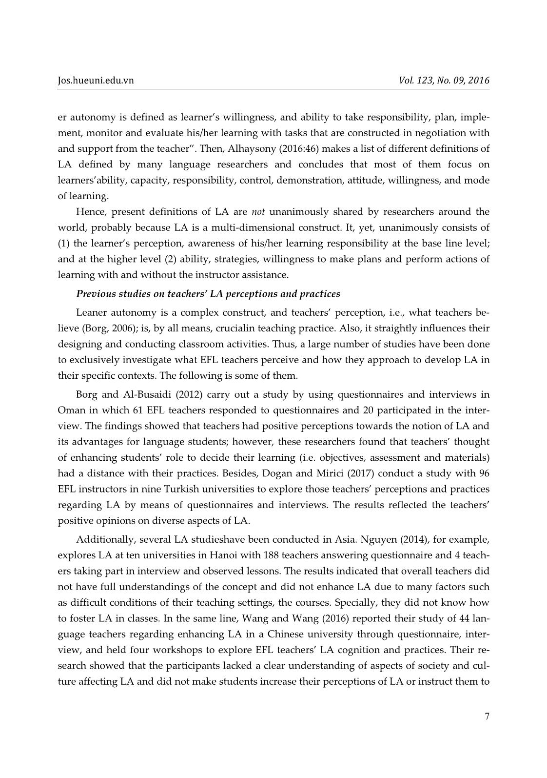 EFL teachers’ perceptions and practices regarding learner autonomy at Dong Thap University, Vietnam trang 3