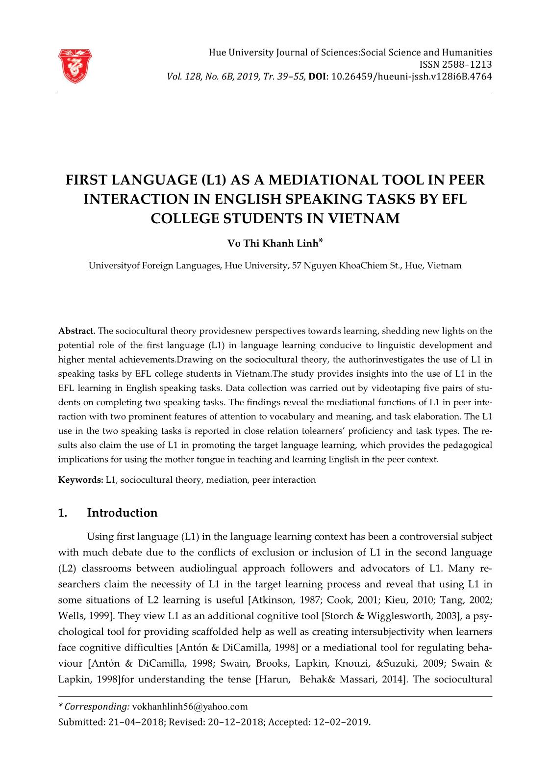 First language (L1) as a mediational tool in peer interaction in English speaking tasks by EFL college students in Vietnam trang 1