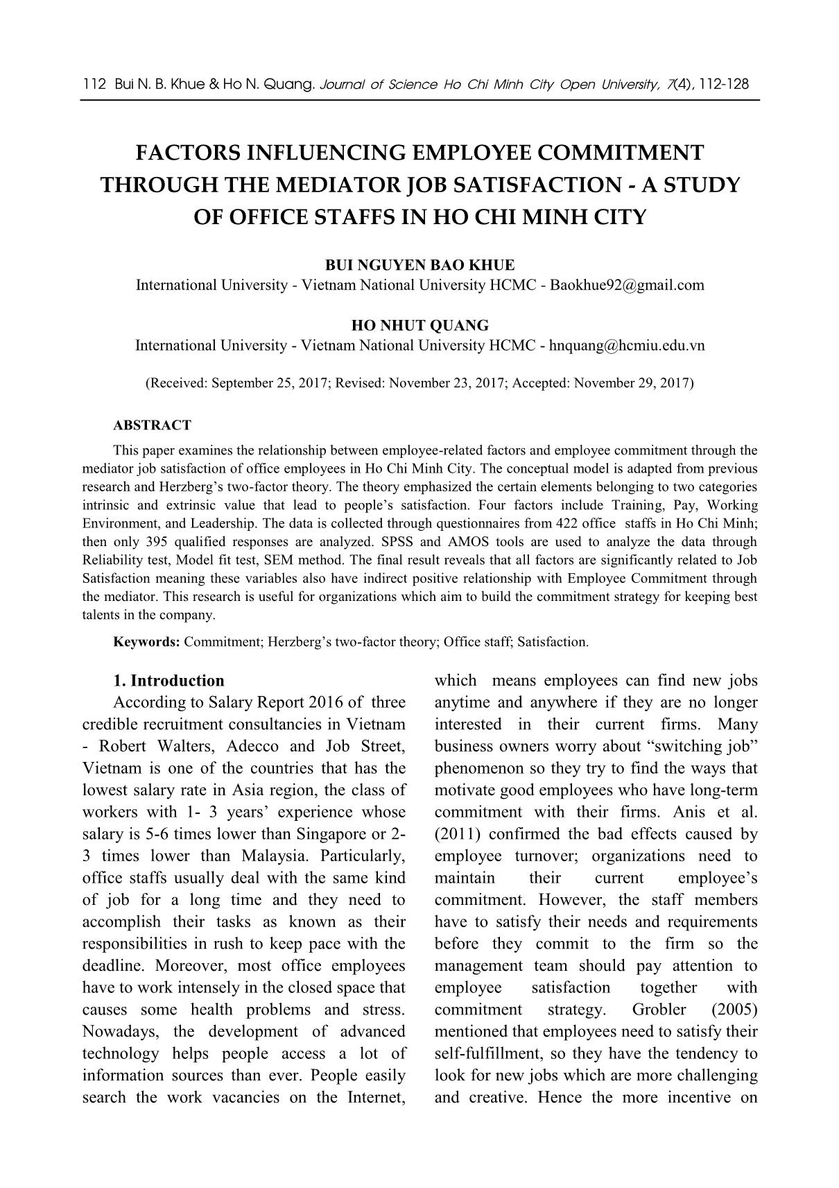 Factors influencing employee commitment through the mediator job satisfaction - A study of office staffs in Ho Chi Minh city trang 1
