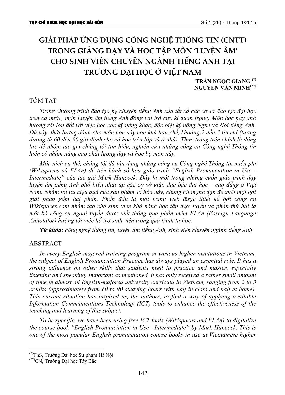 Giải pháp ứng dụng công nghệ thông tin (CNTT) trong giảng dạy và học tập môn Luyện âm cho sinh viên chuyên ngành Tiếng Anh tại trường đại học ở Việt Nam trang 1