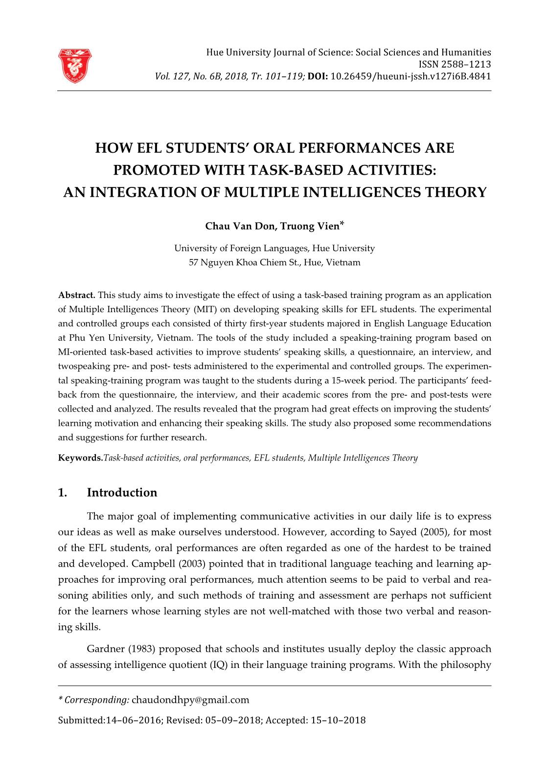 How EFL students’ oral performances are promoted with task-based activities: An integration of multiple intelligences theory trang 1