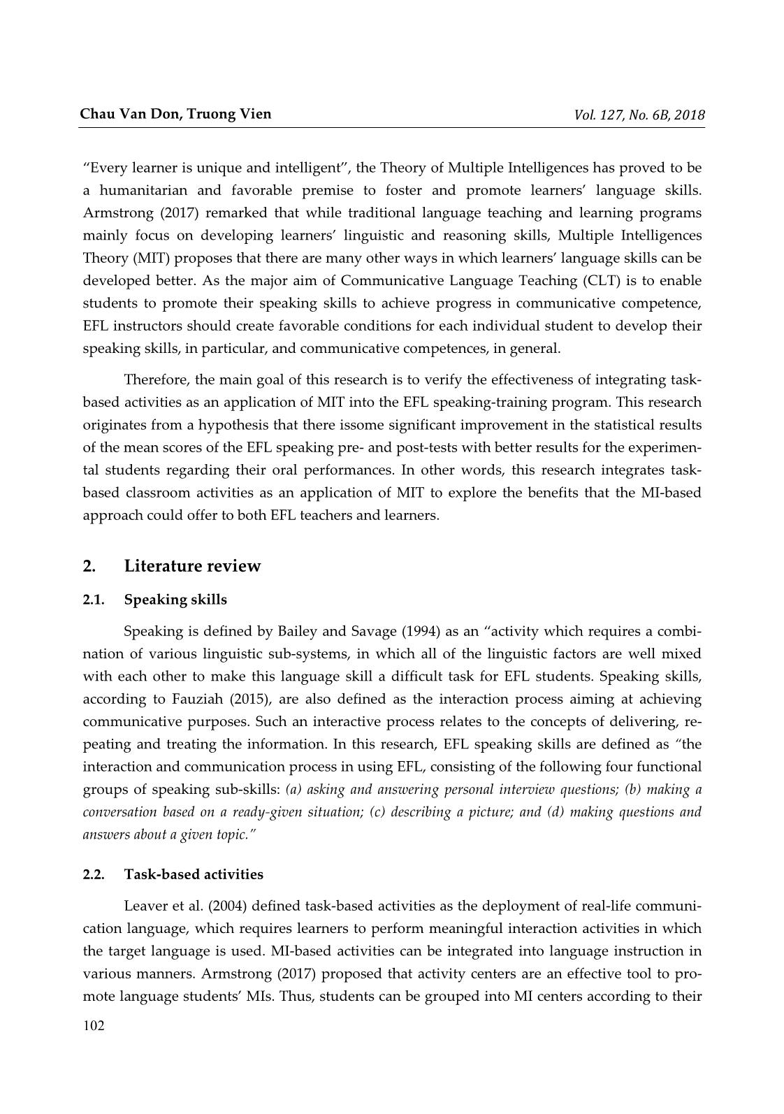 How EFL students’ oral performances are promoted with task-based activities: An integration of multiple intelligences theory trang 2