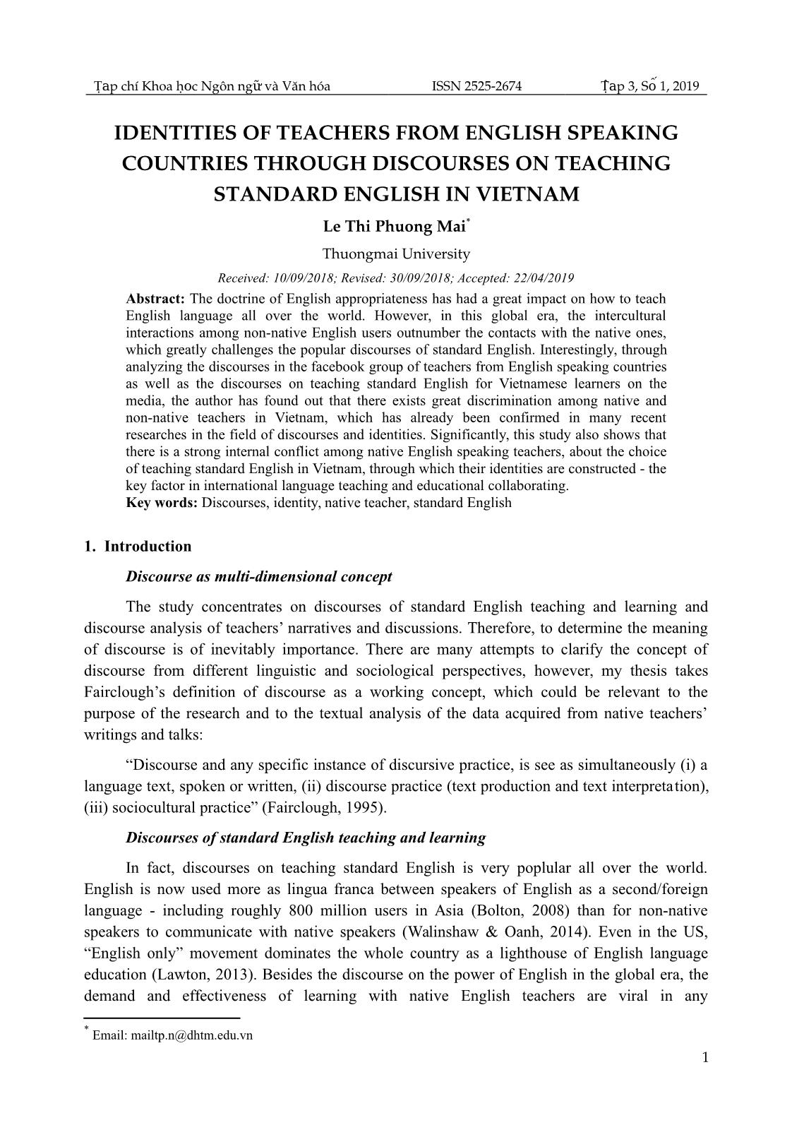 Identities of teachers from English speaking countries through discourses on teaching standard English in Vietnam trang 1