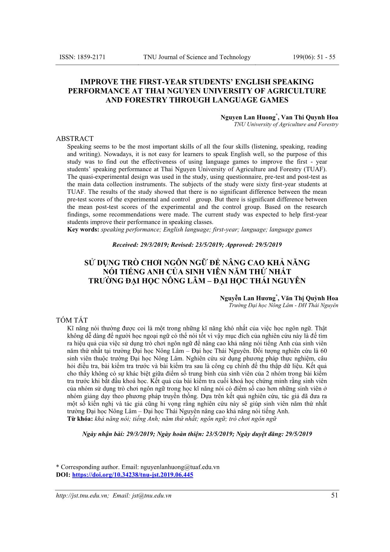 Improve the first-year students’ English speaking performance at Thai Nguyen University of Agriculture and Forestry through language games trang 1