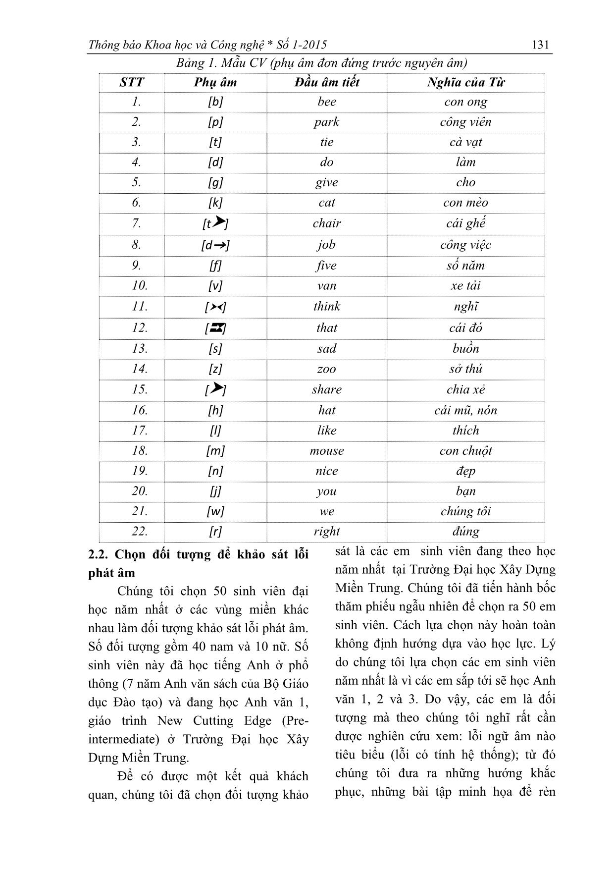 Khảo sát lỗi phát âm phụ âm đơn đầu tiếng Anh của sinh viên năm nhất trường Đại học Xây dựng miền Trung trang 2