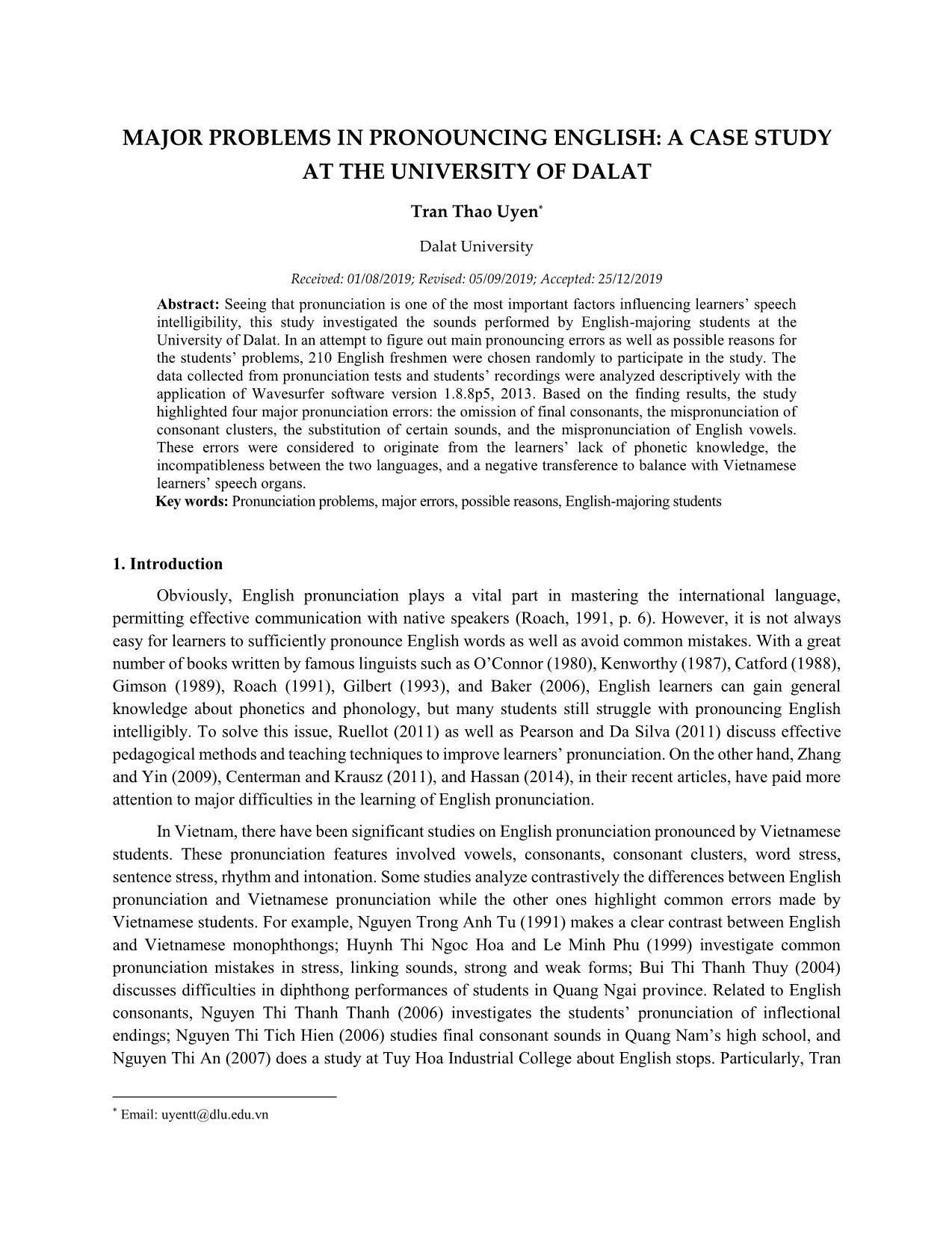 Major problems in pronouncing English: A case study at the University of Dalat trang 1