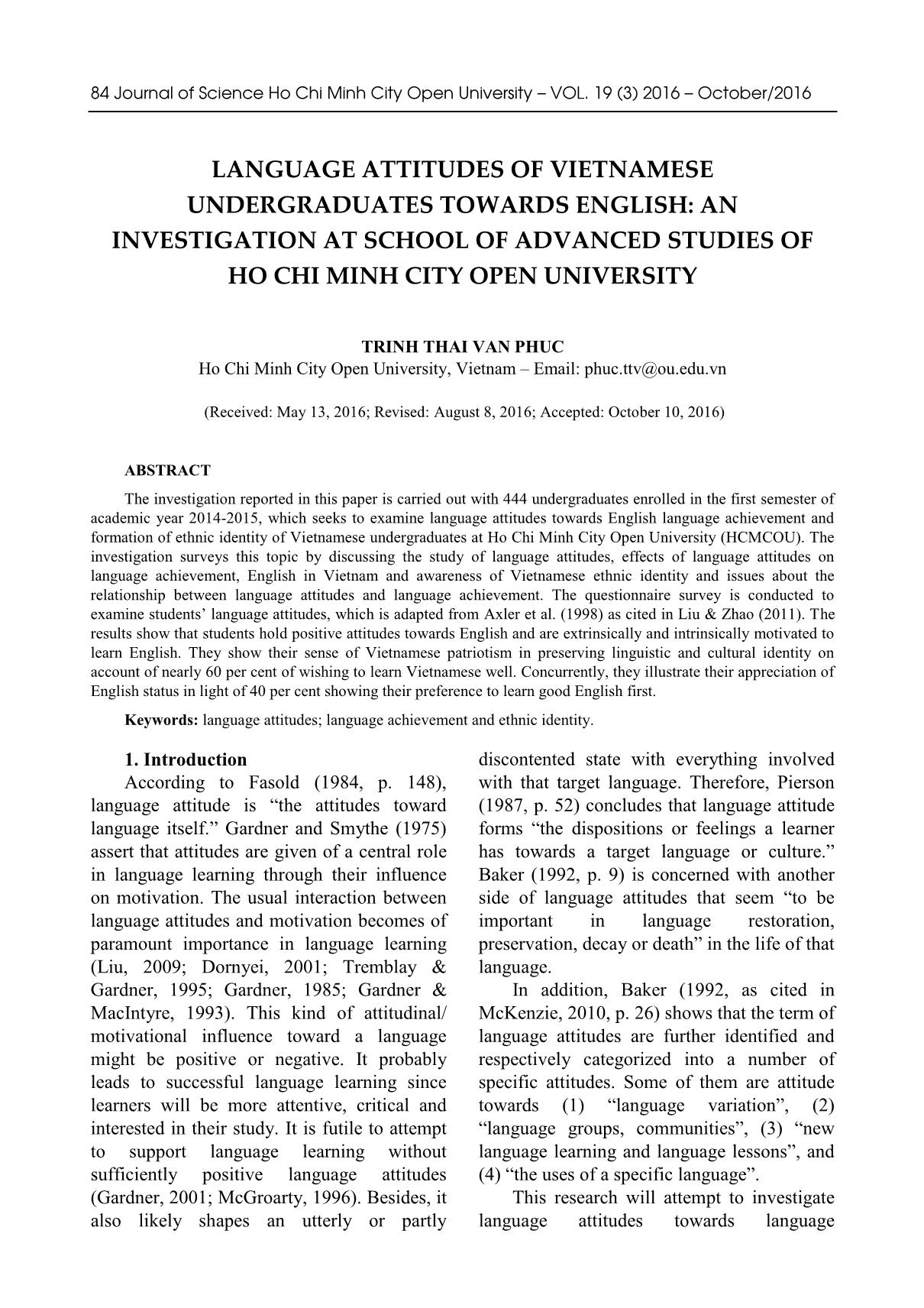 Language attitudes of Vietnamese undergraduates towards English: An investigation at school of advanced studies of Ho Chi Minh city open university trang 1