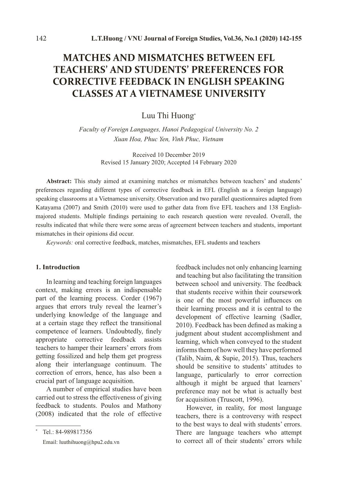 Matches and mismatches between EFL teachers’ and students’ preferences for corrective feedback in English speaking classes at a Vietnamese University trang 1