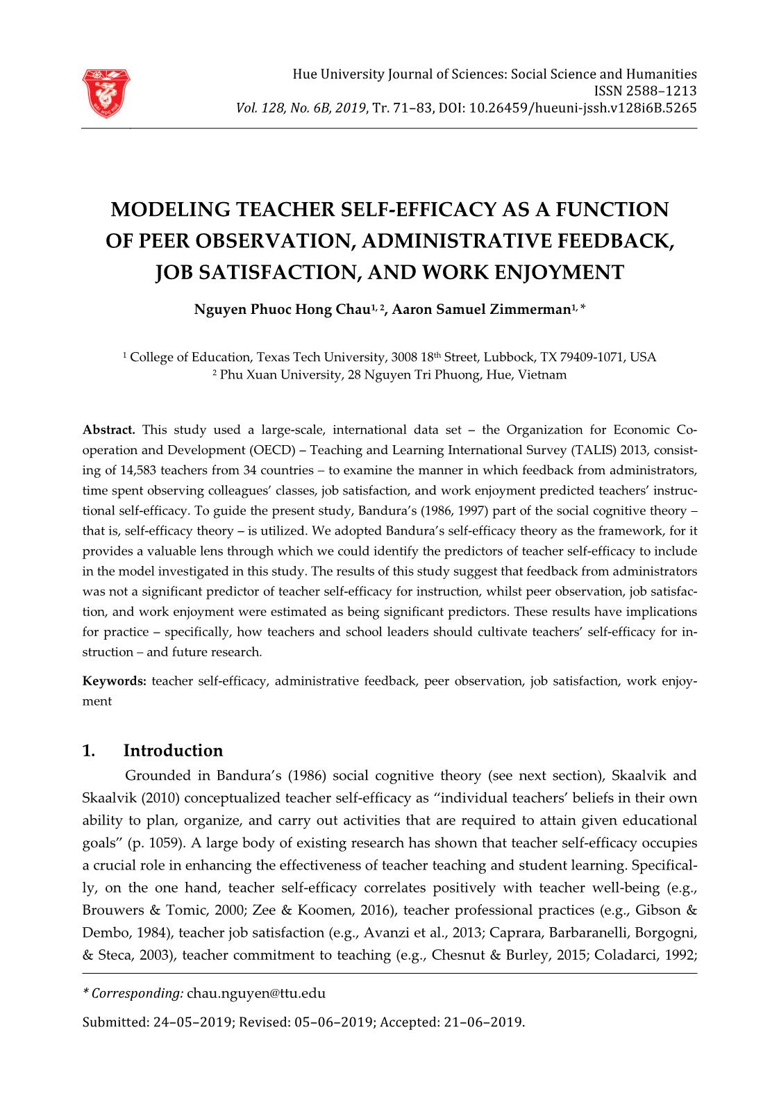 Modeling teacher self-efficacy as a function of peer observation, administrative feedback, job satisfaction, and work enjoyment trang 1