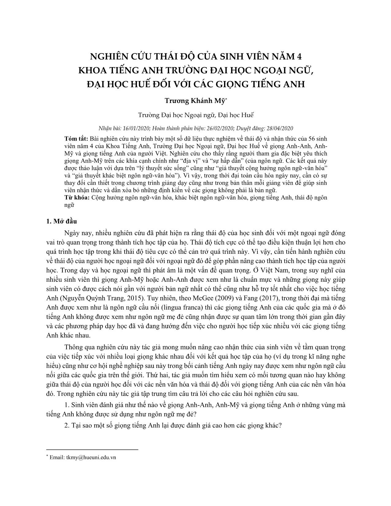 Nghiên cứu thái độ của sinh viên năm 4 khoa Tiếng Anh trường Đại học Ngoại ngữ, Đại học Huế đối với các giọng tiếng Anh trang 1