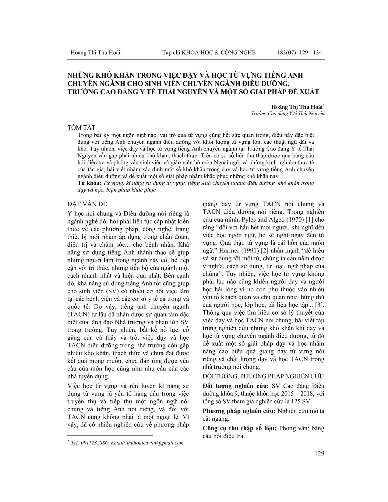 Những khó khăn trong việc dạy và học từ vựng tiếng Anh chuyên ngành cho sinh viên chuyên ngành Điều dưỡng, trường Cao đẳng Y tế Thái Nguyên và một số giải pháp đề xuất trang 1