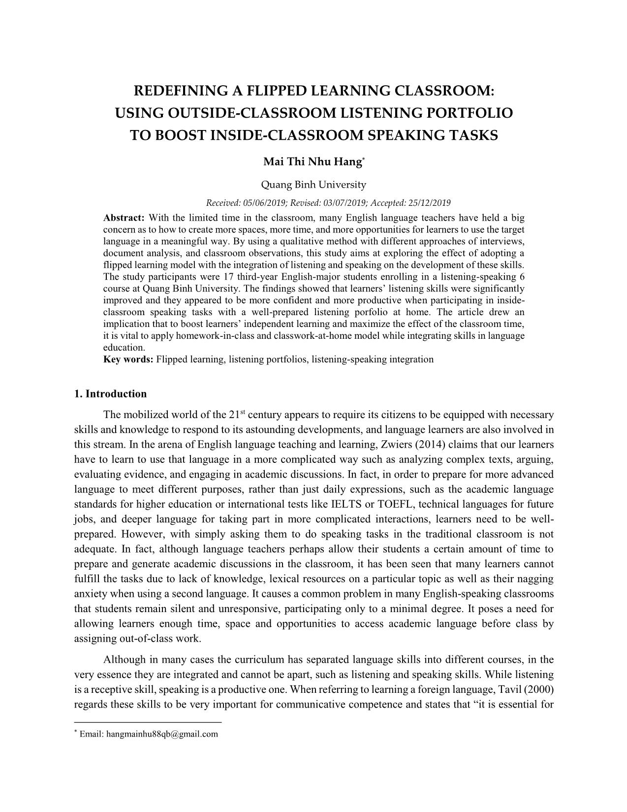 Redefining a flipped learning classroom: Using outside-classroom listening portfolio to boost inside-classroom speaking tasks trang 1