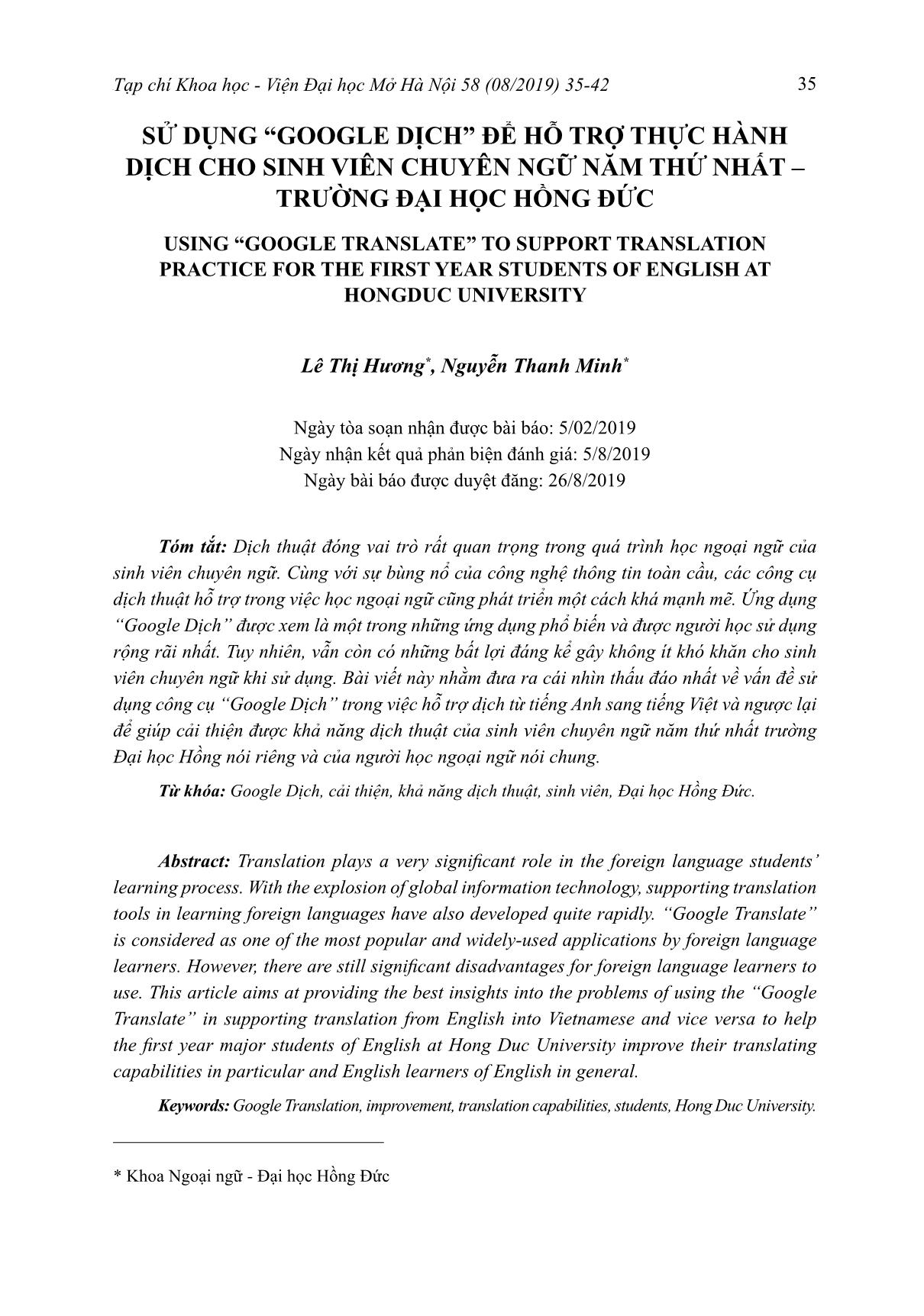 Sử dụng “Google dịch” để hỗ trợ thực hành dịch cho sinh viên chuyên ngữ năm thứ nhất – Trường Đại học Hồng Đức trang 1
