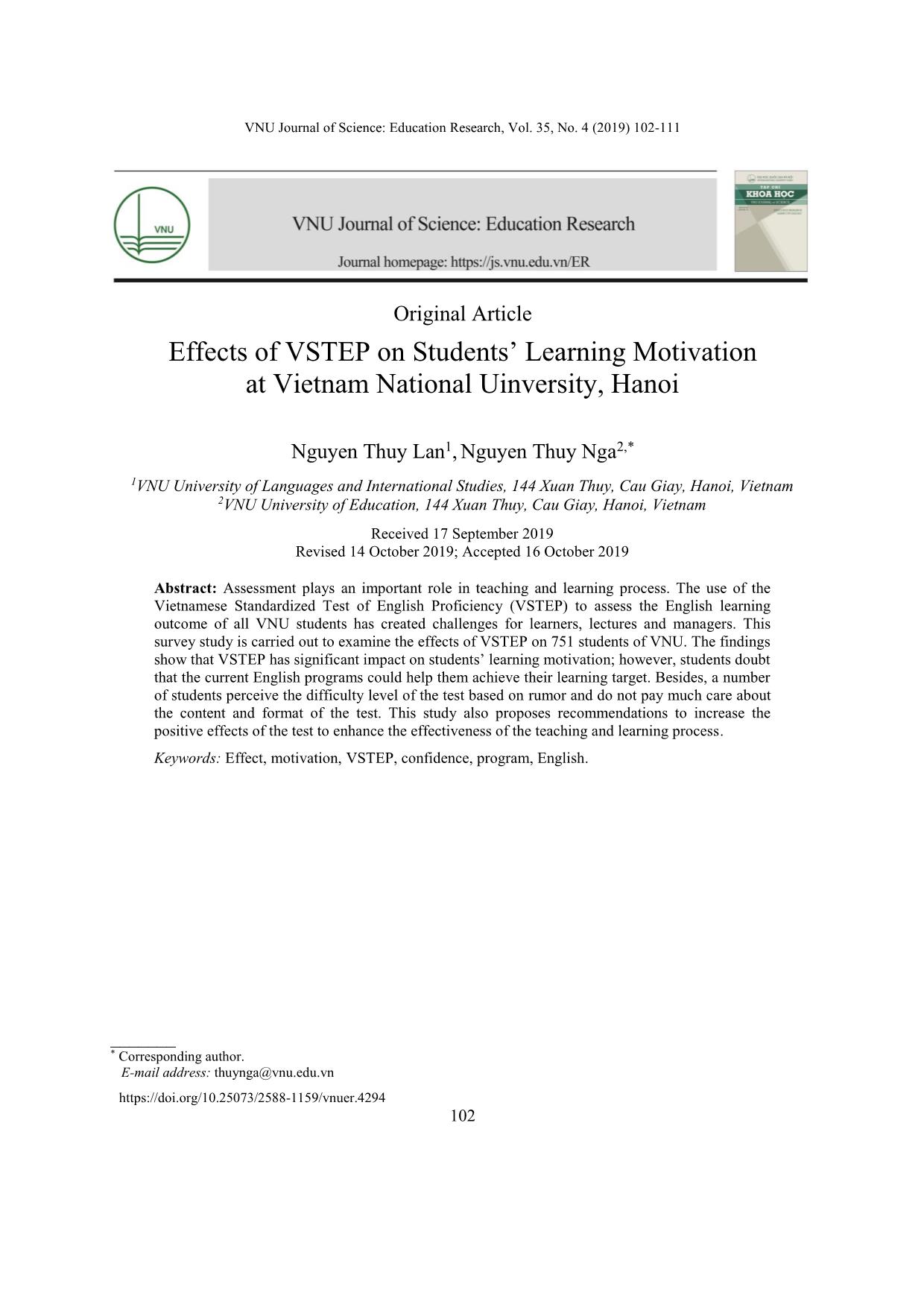 Tác động của bài thi đánh giá năng lực tiếng Anh do Việt Nam xây dựng (VSTEP) tới động cơ học của sinh viên Đại học Quốc gia Hà Nội trang 1