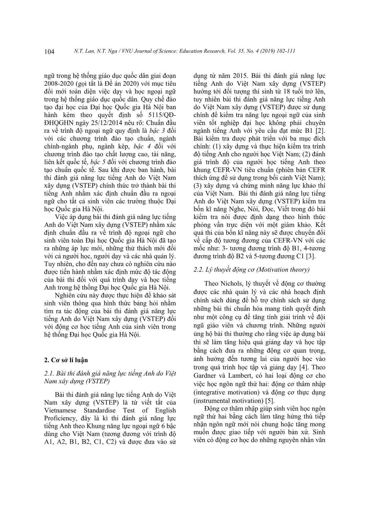 Tác động của bài thi đánh giá năng lực tiếng Anh do Việt Nam xây dựng (VSTEP) tới động cơ học của sinh viên Đại học Quốc gia Hà Nội trang 3