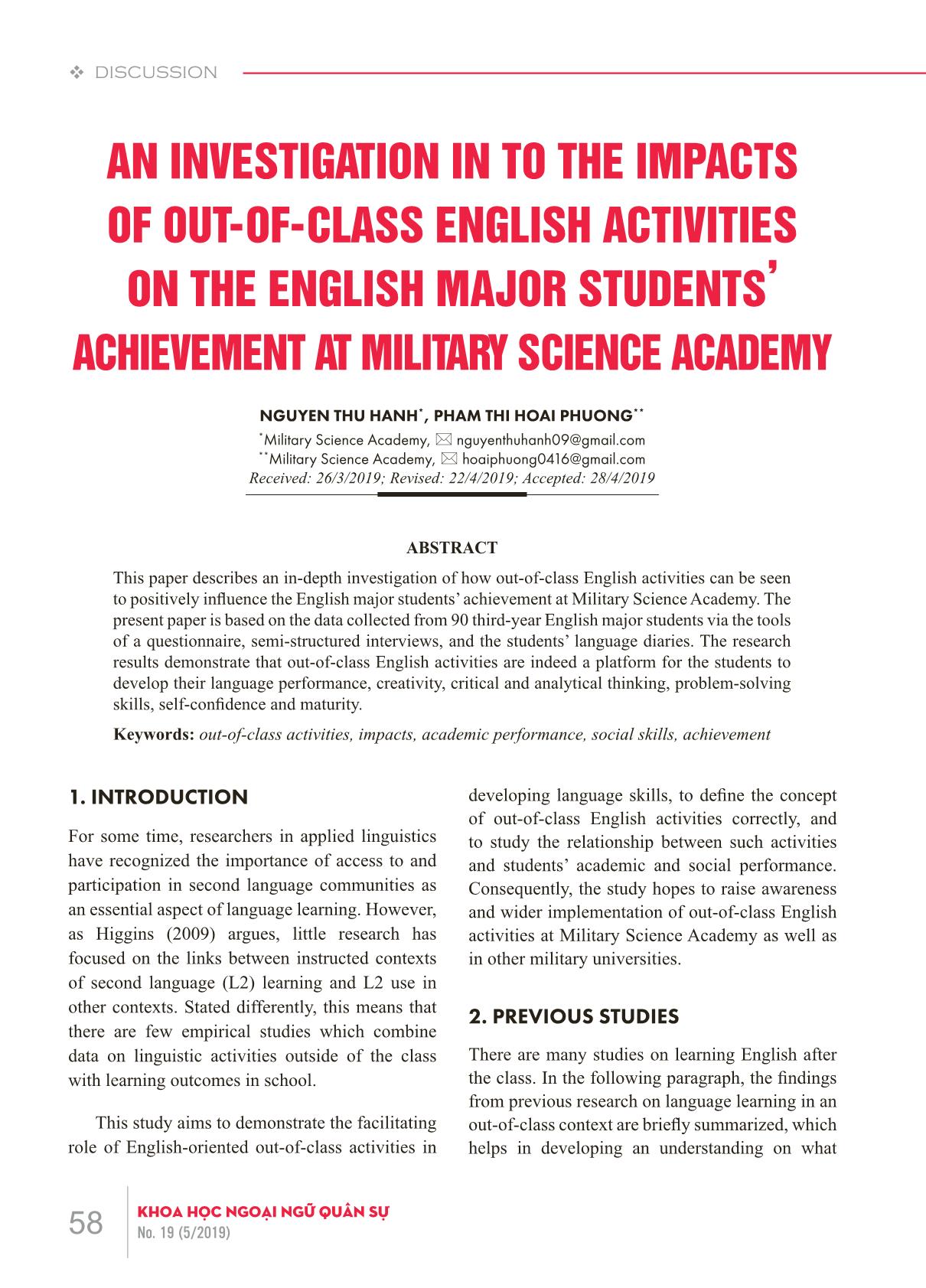 An investigation in to the impacts of out-of-class English activities on the English major students’ achievement at military science academy trang 1