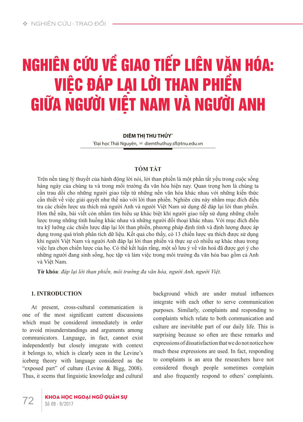 Nghiên cứu về giao tiếp liên văn hóa: Việc đáp lại lời than phiền giữa người Việt Nam và người Anh trang 1