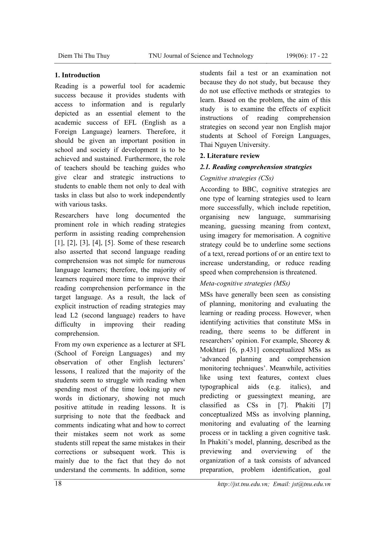 Ảnh hưởng của lời dẫn tường minh cho các chiến lược đọc đến kỹ năng đọc hiểu tại khoa Ngoại ngữ, Đại học Thái Nguyên trang 2
