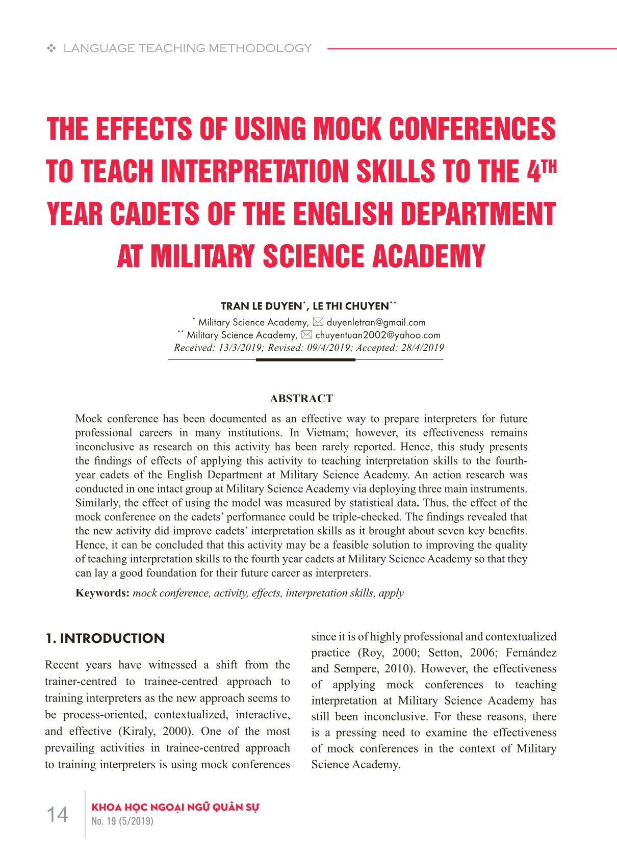 The effects of using mock conferences to teach interpretation skills to the 4th year cadets of the English department at military science academy trang 1