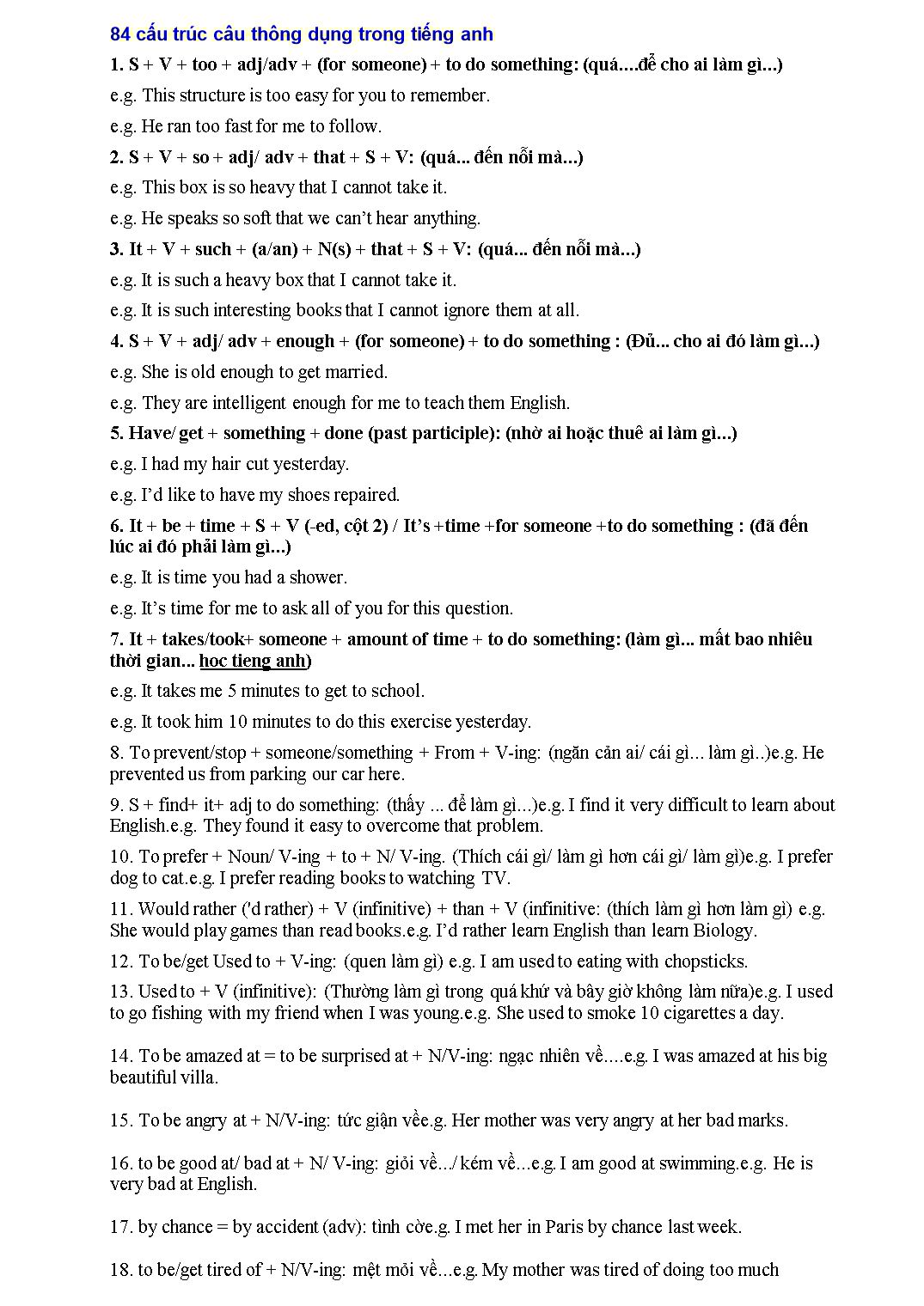 84 Cấu trúc câu thông dụng trong tiếng Anh trang 1