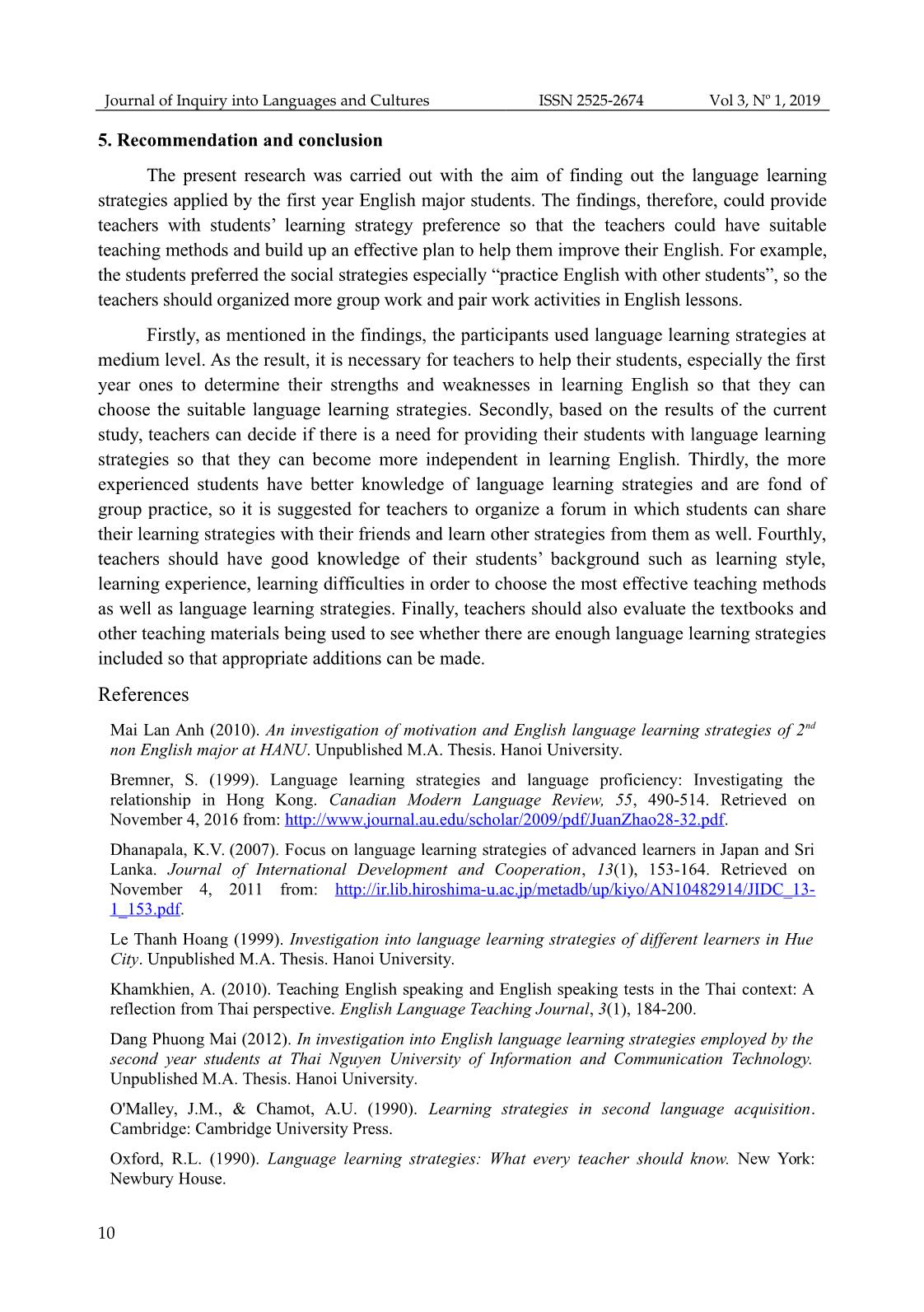 An investigation into English language learning strategies employed by the first year English major students at school of foreign languages, Thai Nguyen University trang 10