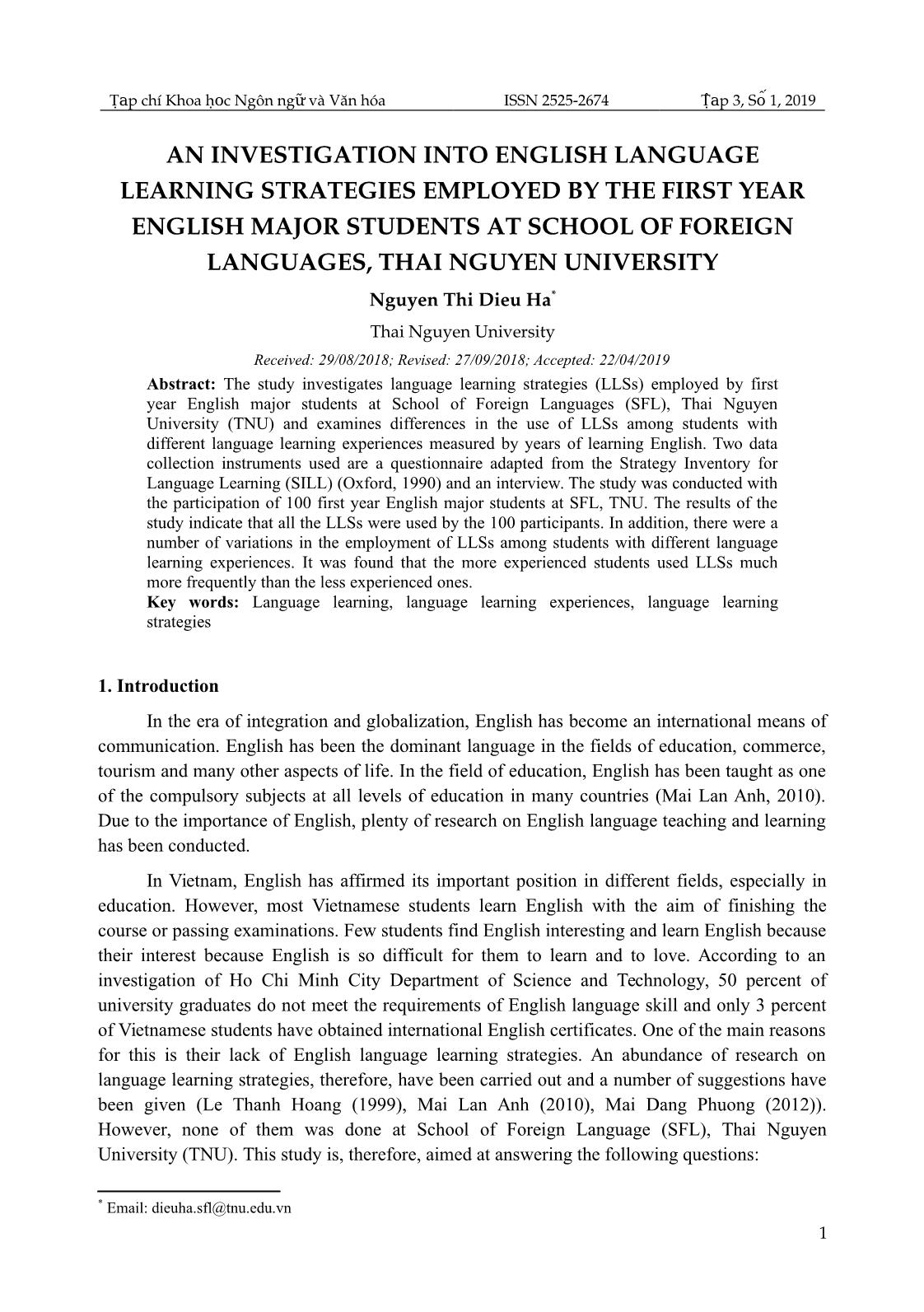 An investigation into English language learning strategies employed by the first year English major students at school of foreign languages, Thai Nguyen University trang 1