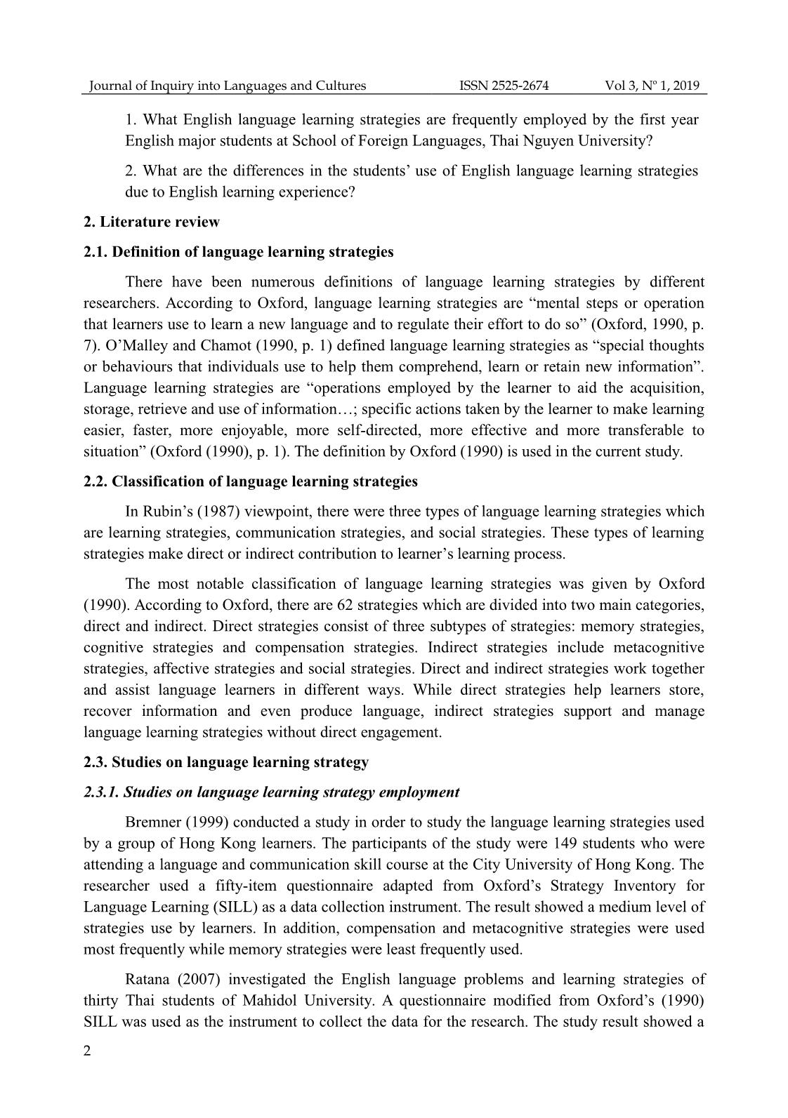 An investigation into English language learning strategies employed by the first year English major students at school of foreign languages, Thai Nguyen University trang 2