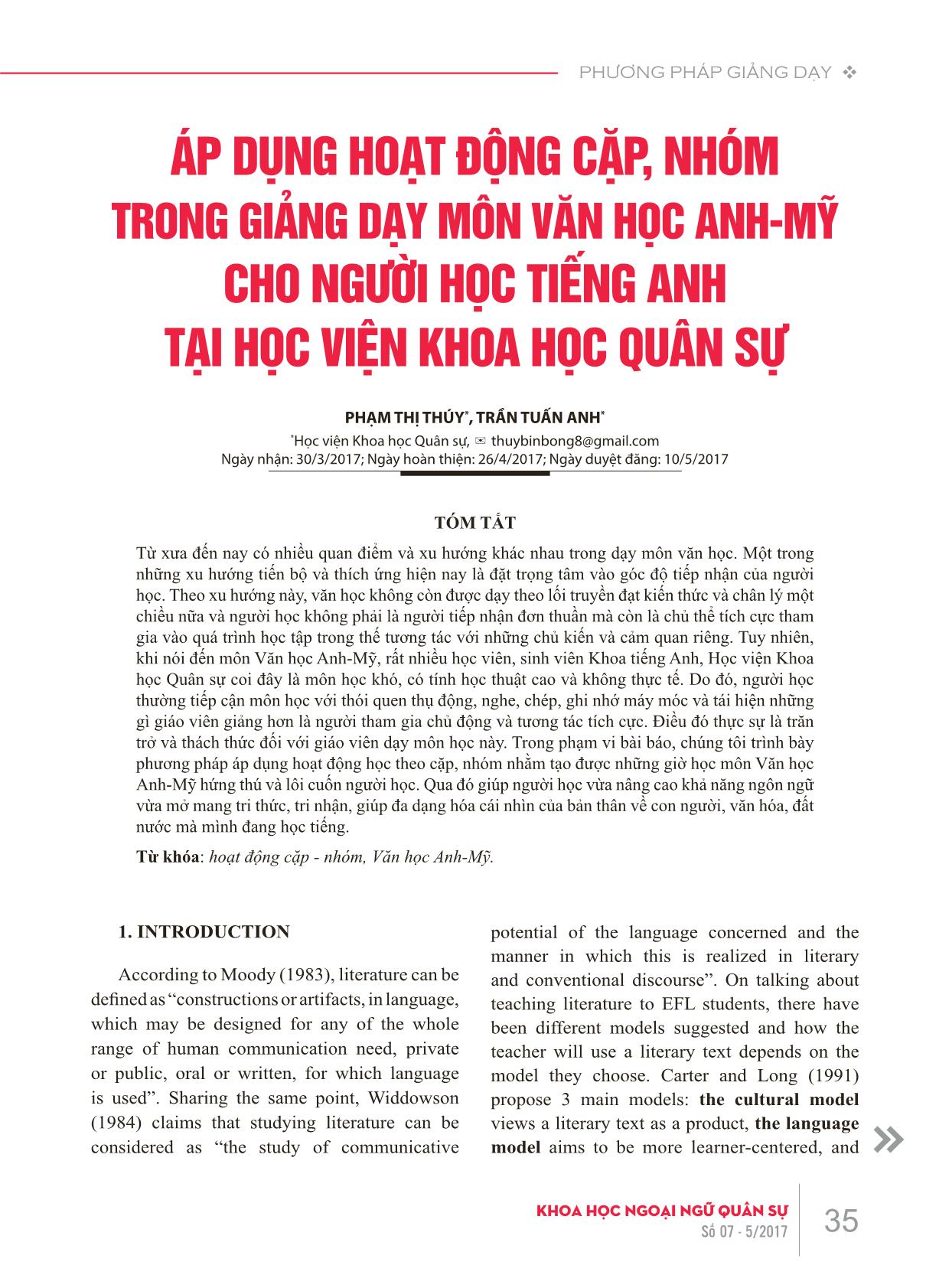 Áp dụng hoạt động cặp, nhóm trong giảng dạy môn Văn học Anh-Mỹ cho người học tiếng Anh tại Học viện Khoa học Quân sự trang 1