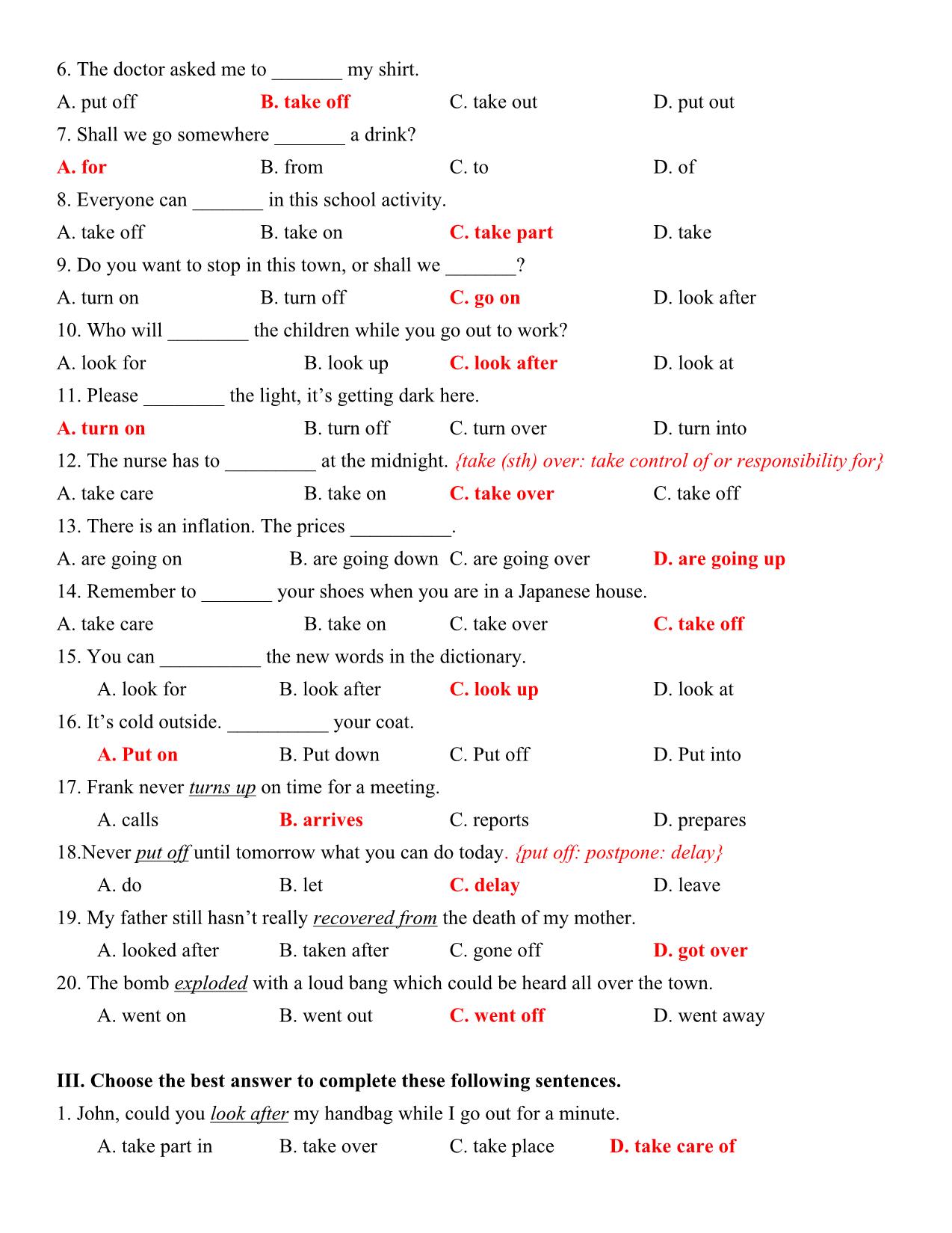 Bài tập cụm động từ trong tiếng Anh trang 3