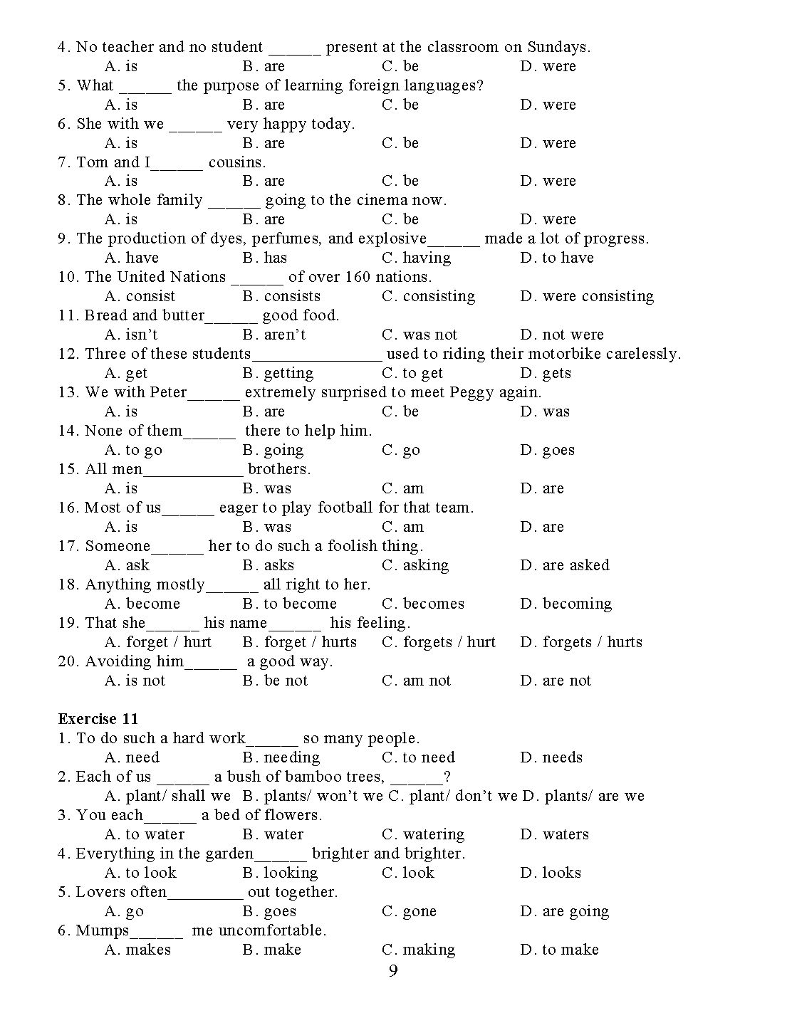 Bài tập trắc nghiệm về sự hòa hợp giữa chủ ngữ và động từ trong tiếng Anh trang 9