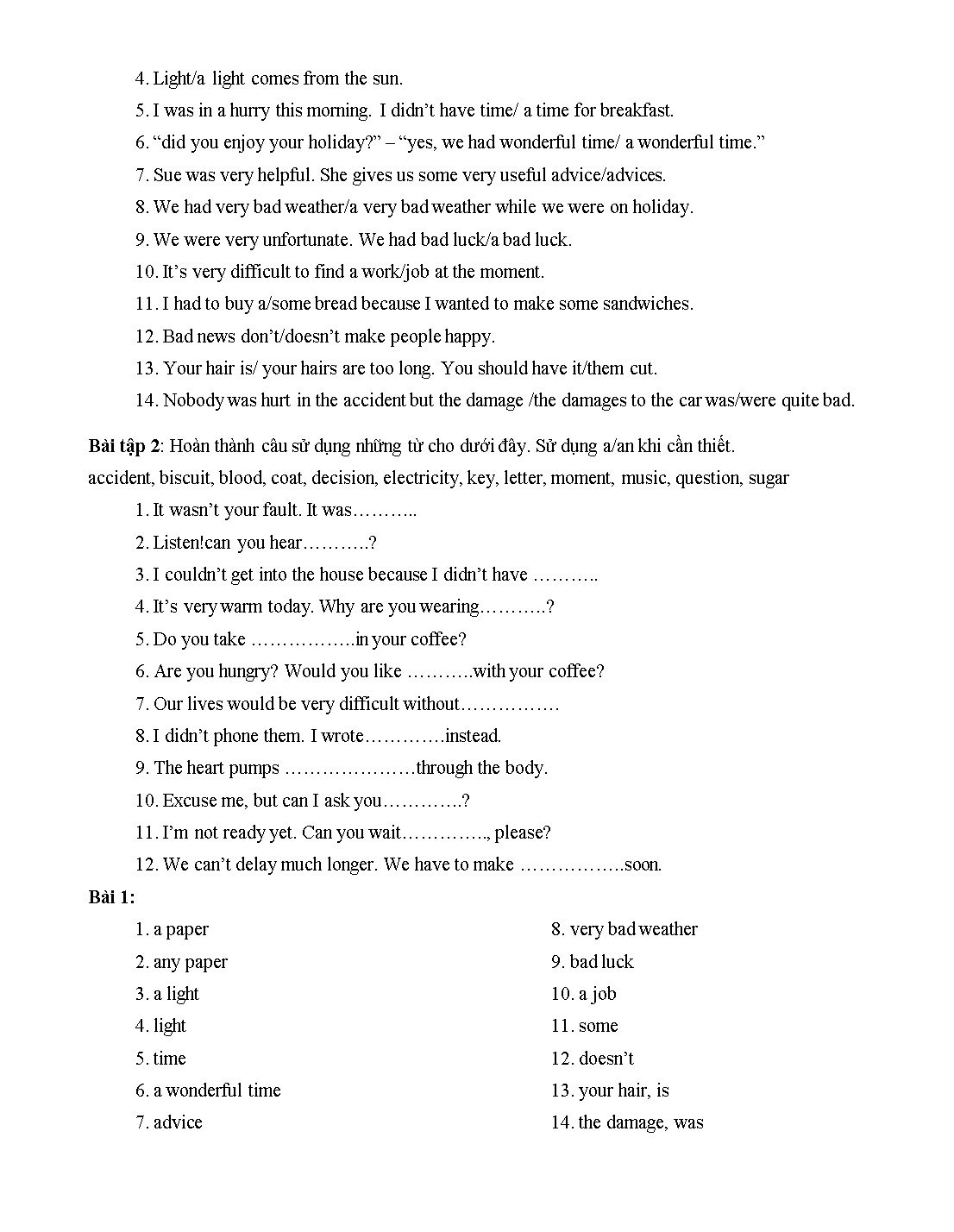 Bài tập về Danh từ đếm được và Danh từ không đếm được (Có đáp án) trang 3