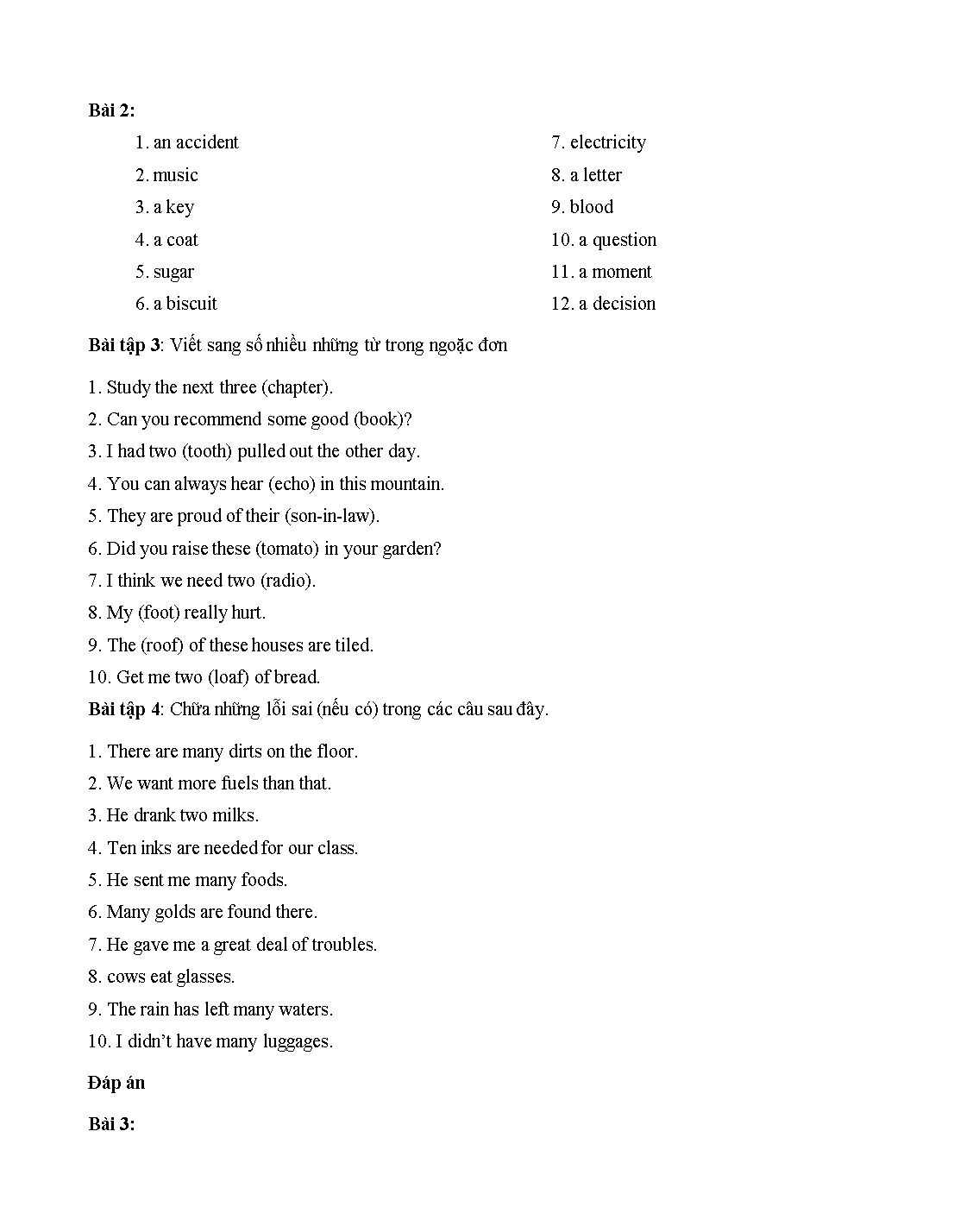 Bài tập về Danh từ đếm được và Danh từ không đếm được (Có đáp án) trang 4