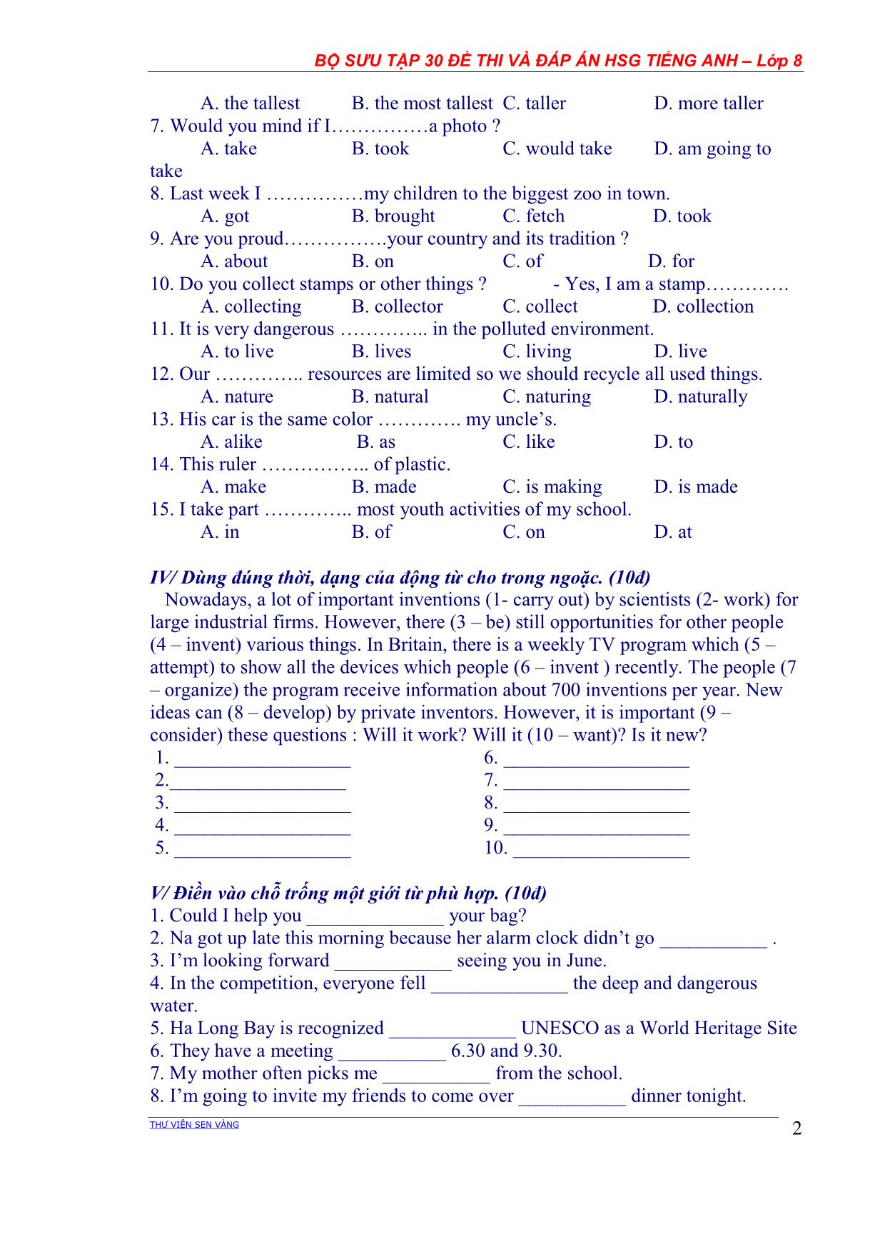 Bộ sưu tập 30 Đề thi học sinh giỏi môn Tiếng Anh Lớp 8 các năm học (Có đáp án) trang 2