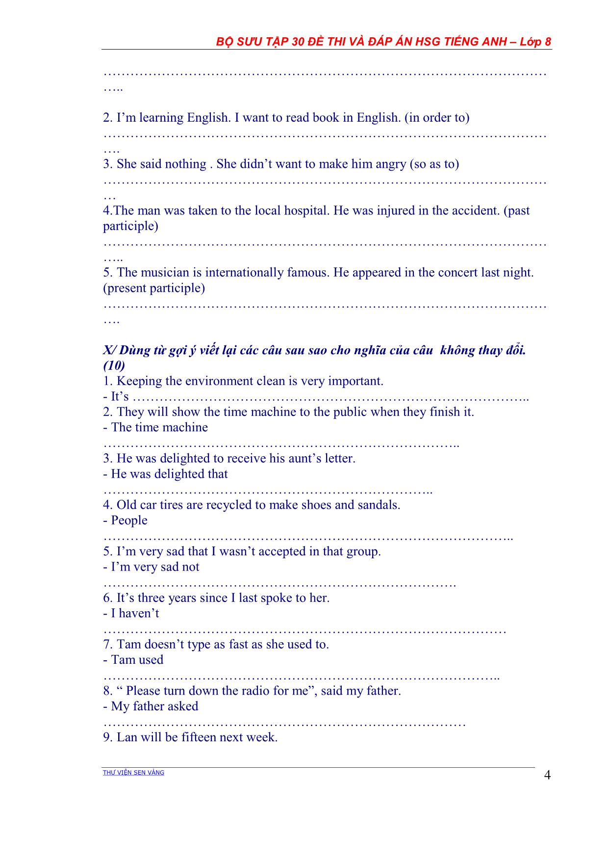 Bộ sưu tập 30 Đề thi học sinh giỏi môn Tiếng Anh Lớp 8 các năm học (Có đáp án) trang 4