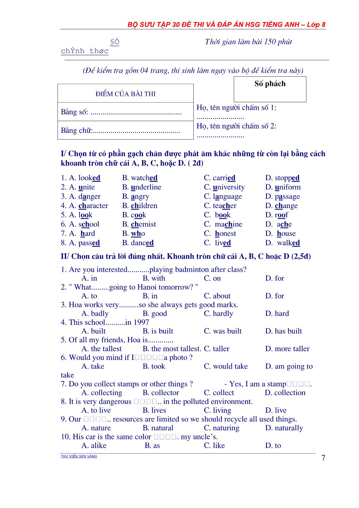 Bộ sưu tập 30 Đề thi học sinh giỏi môn Tiếng Anh Lớp 8 các năm học (Có đáp án) trang 7