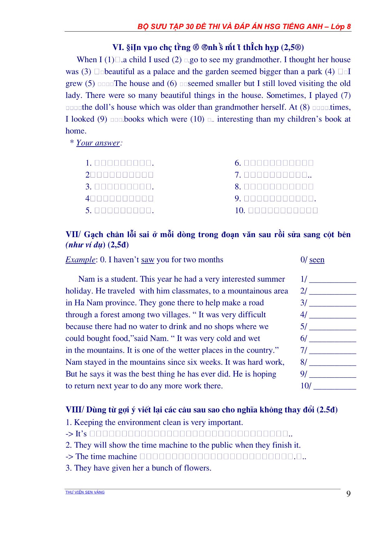 Bộ sưu tập 30 Đề thi học sinh giỏi môn Tiếng Anh Lớp 8 các năm học (Có đáp án) trang 9