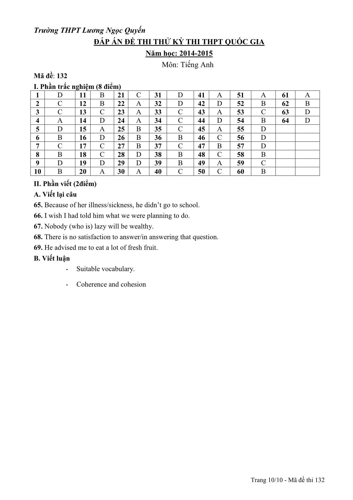 Đề thi thử THPT Quốc gia môn Tiếng Anh - Mã đề 132 - Năm học 2014-2015 - Trường THPT Lương Ngọc Quyến (Có đáp án) trang 10