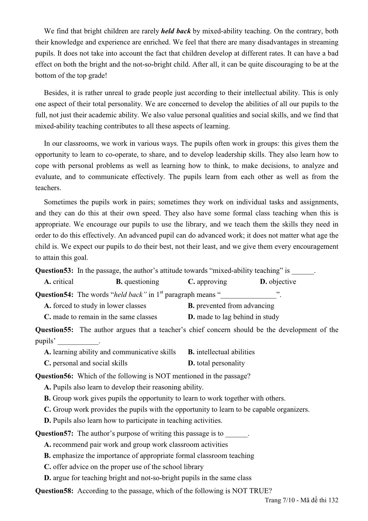 Đề thi thử THPT Quốc gia môn Tiếng Anh - Mã đề 132 - Năm học 2014-2015 - Trường THPT Lương Ngọc Quyến (Có đáp án) trang 7
