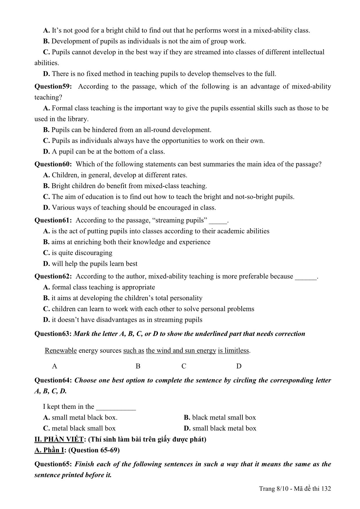 Đề thi thử THPT Quốc gia môn Tiếng Anh - Mã đề 132 - Năm học 2014-2015 - Trường THPT Lương Ngọc Quyến (Có đáp án) trang 8