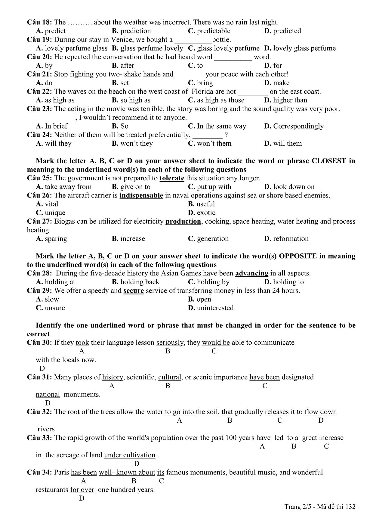 Đề thi thử THPT Quốc gia môn Tiếng Anh lần 3 - Mã đề 132 - Năm học 2014-2015 - Trường THPT Hàn Thuyên (Có đáp án) trang 2