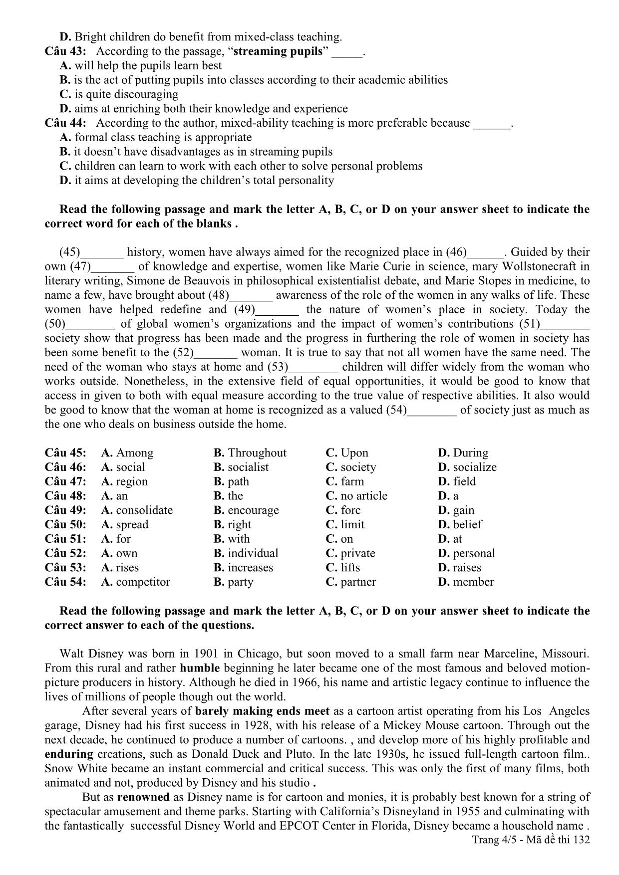 Đề thi thử THPT Quốc gia môn Tiếng Anh lần 3 - Mã đề 132 - Năm học 2014-2015 - Trường THPT Hàn Thuyên (Có đáp án) trang 4